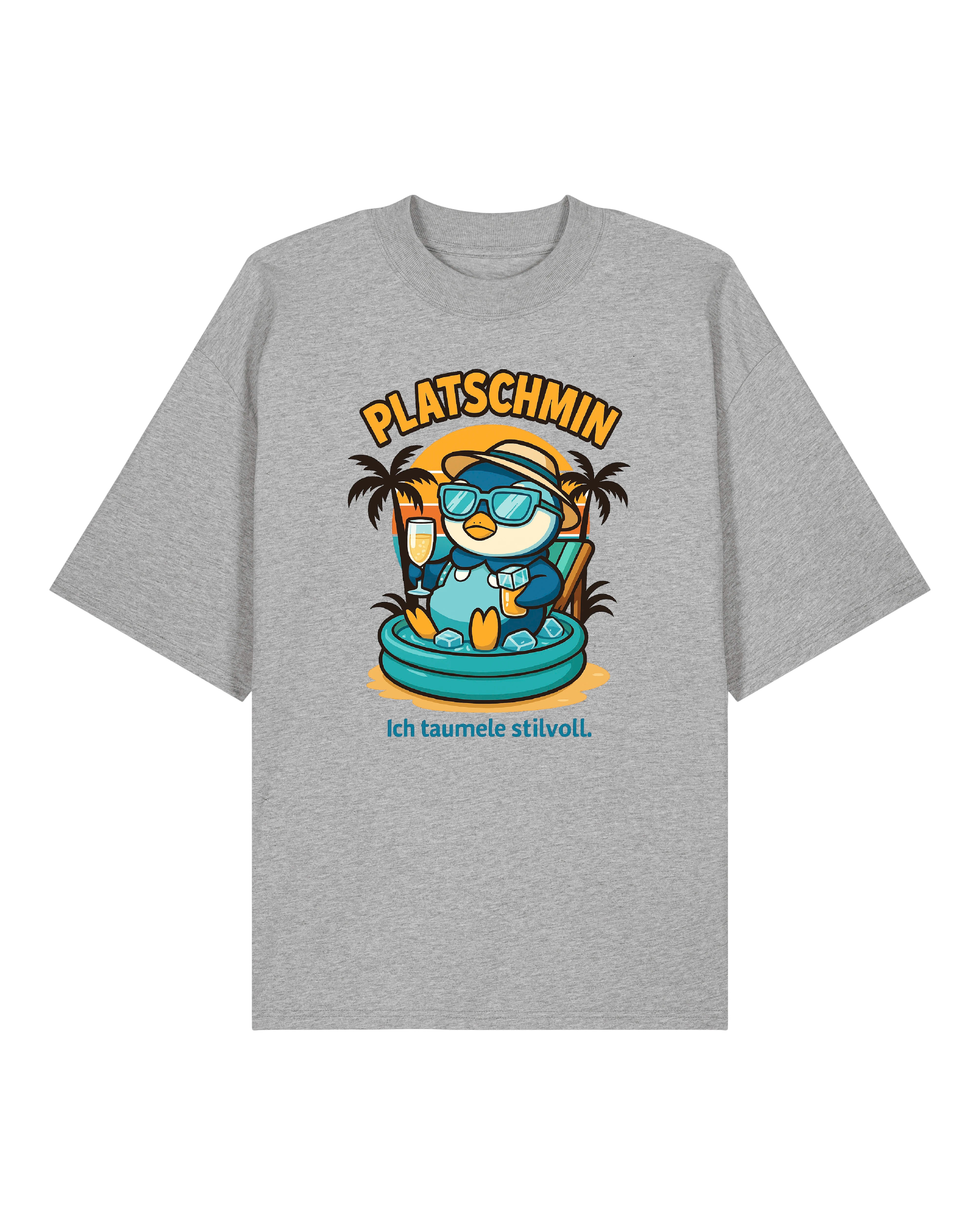 Graues Platschmin T-Shirt mit entspannter Pinguin-Grafik und lustigem Sommer-Spruch