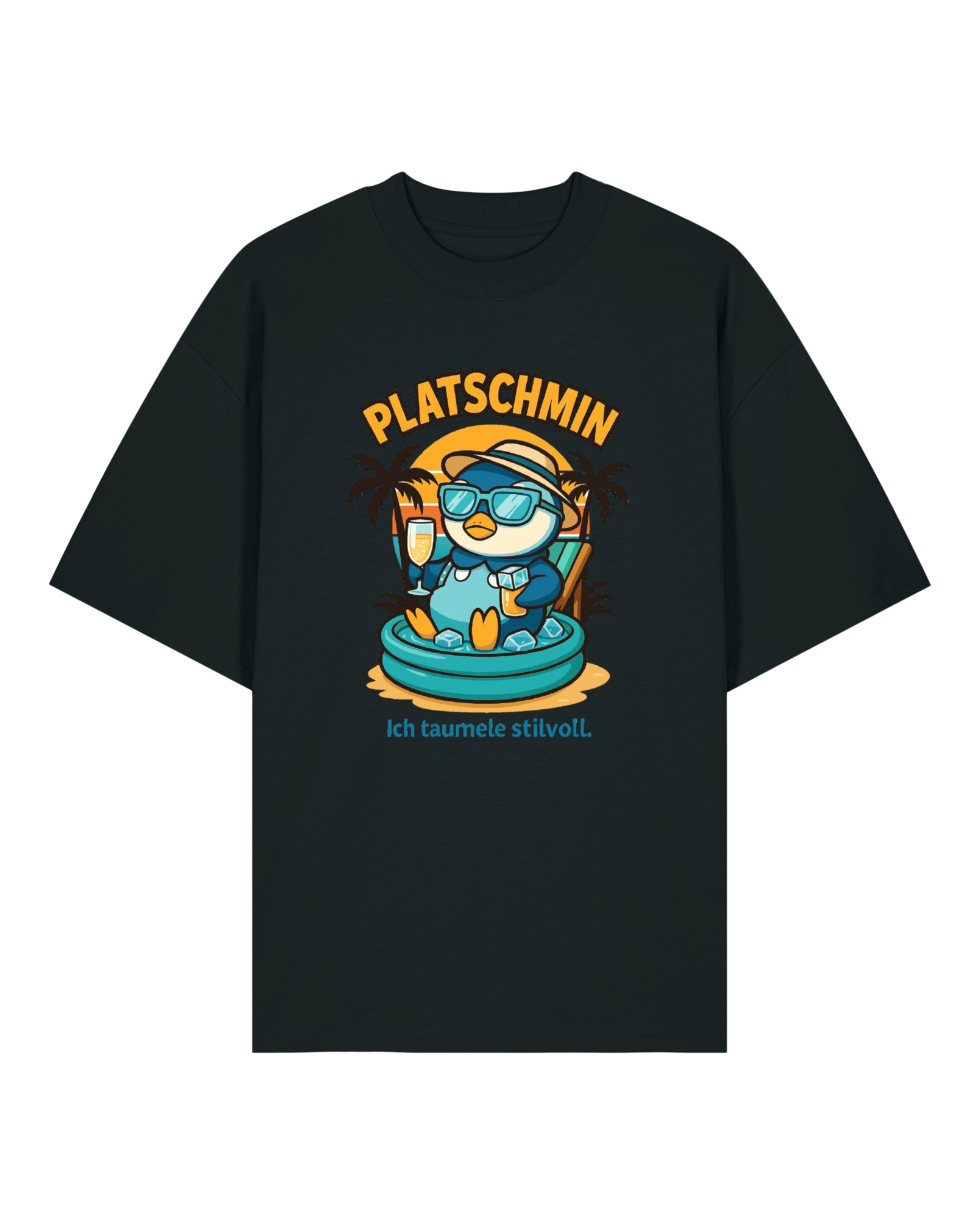 Schwarzes Platschmin T-Shirt mit coolem Cartoon-Pinguin im Eisbad und dem Spruch „Ich taumle stilvoll“
