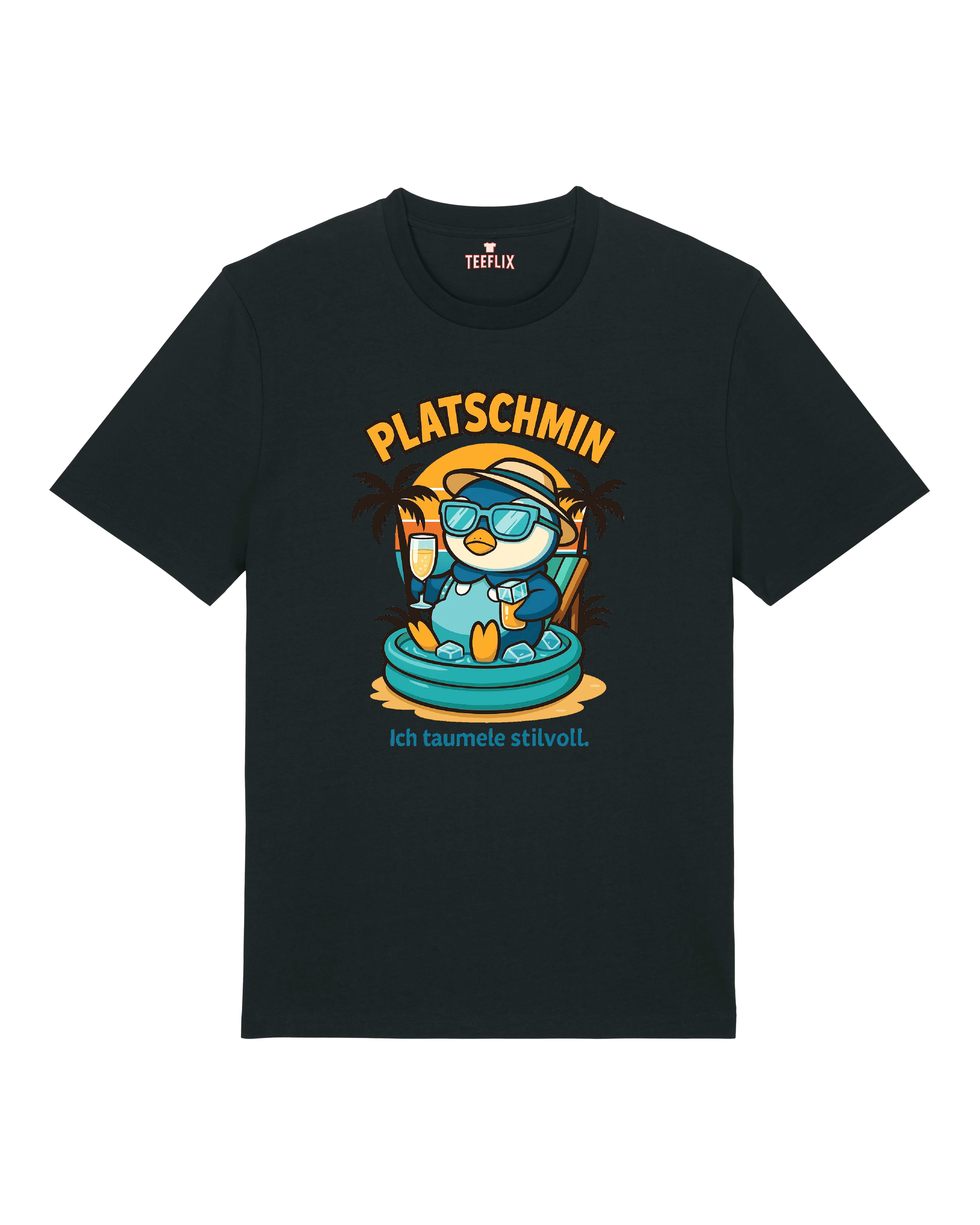 Schwarzes Platschmin T-Shirt mit coolem Cartoon-Pinguin im Eisbad und dem Spruch „Ich taumle stilvoll“