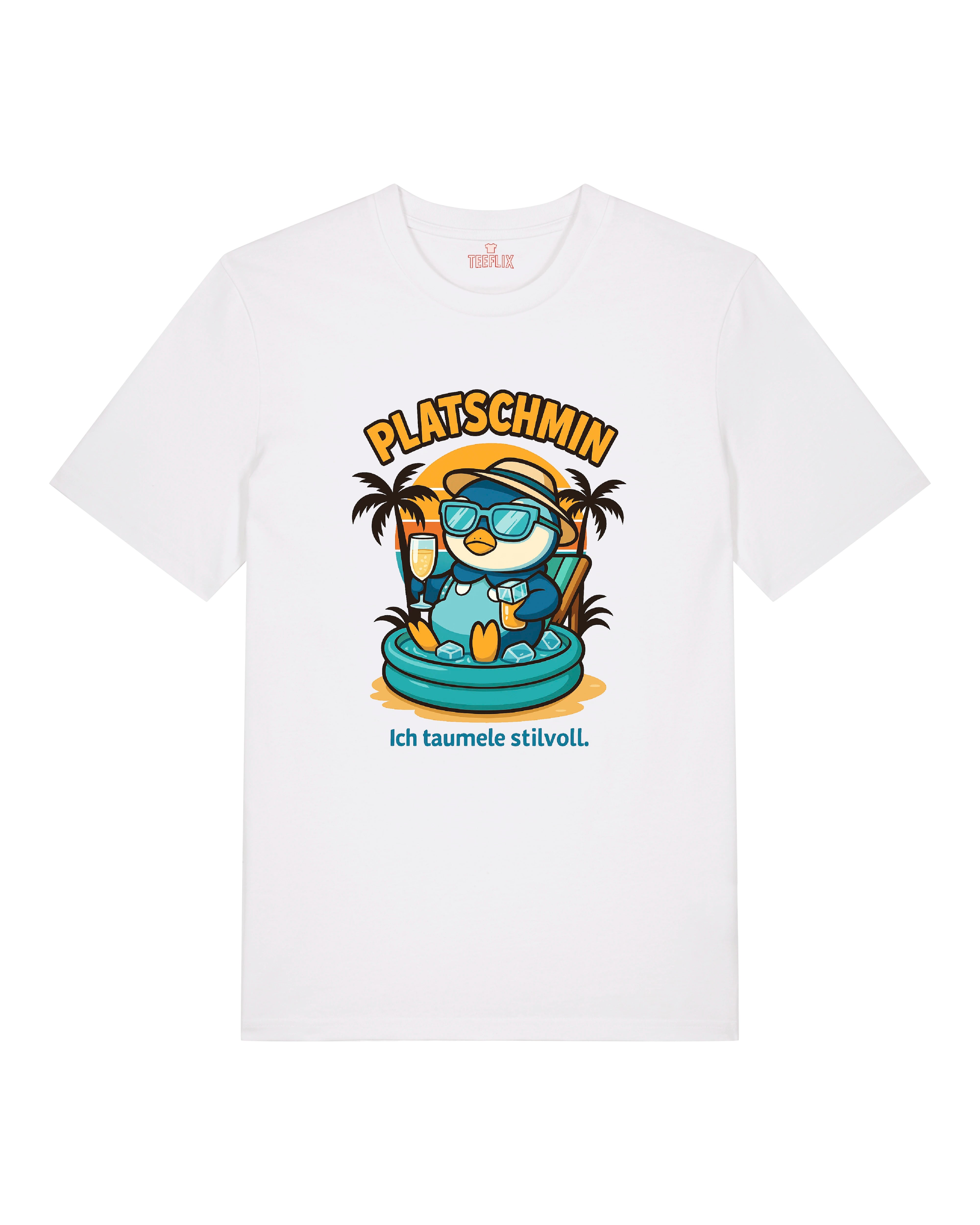 Platschmin T-Shirt in Weiß mit chillendem Pinguin und Schriftzug „Ich taumle stilvoll“