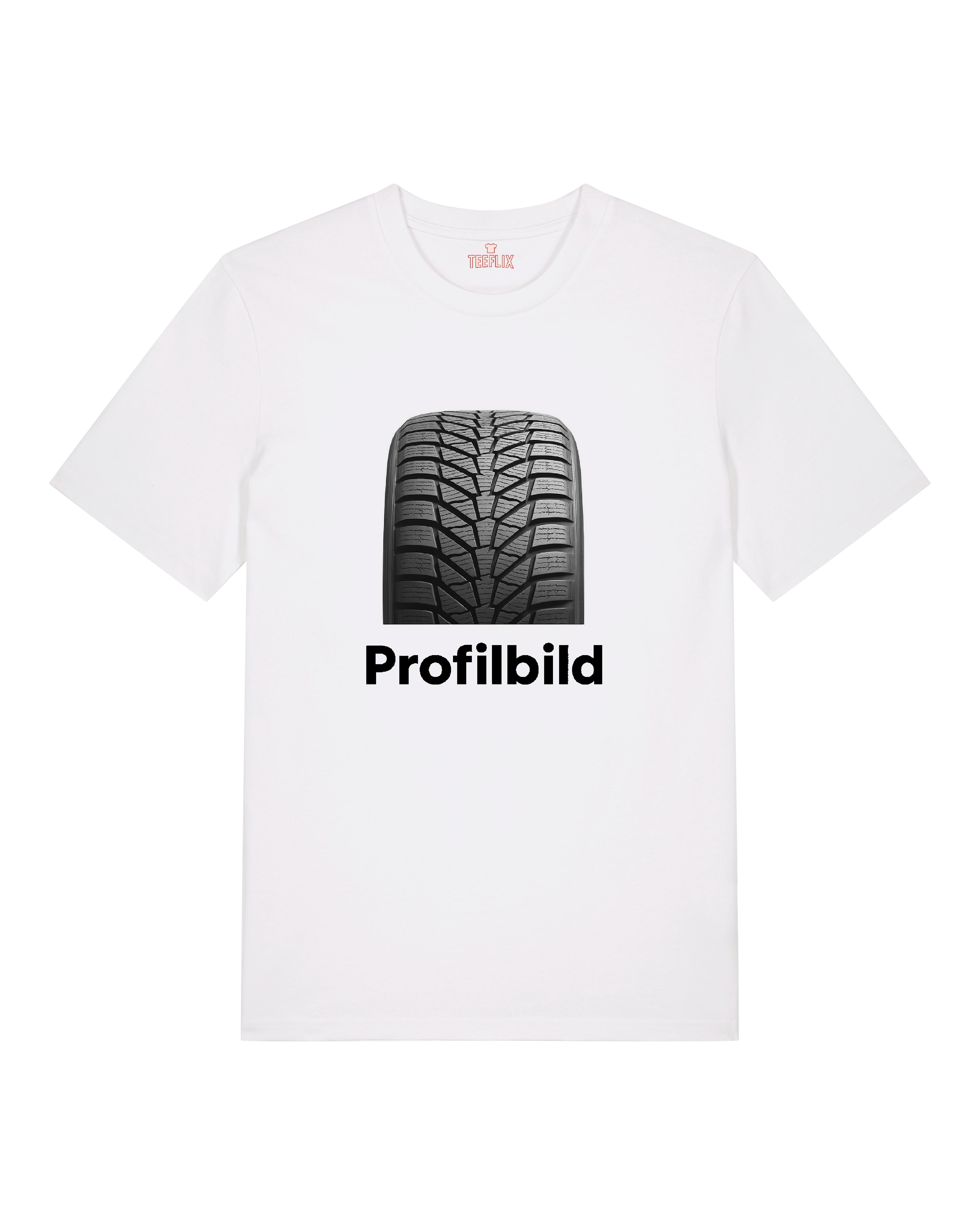 Weißes T-Shirt mit Reifenprofil und dem Wort „Profilbild“
