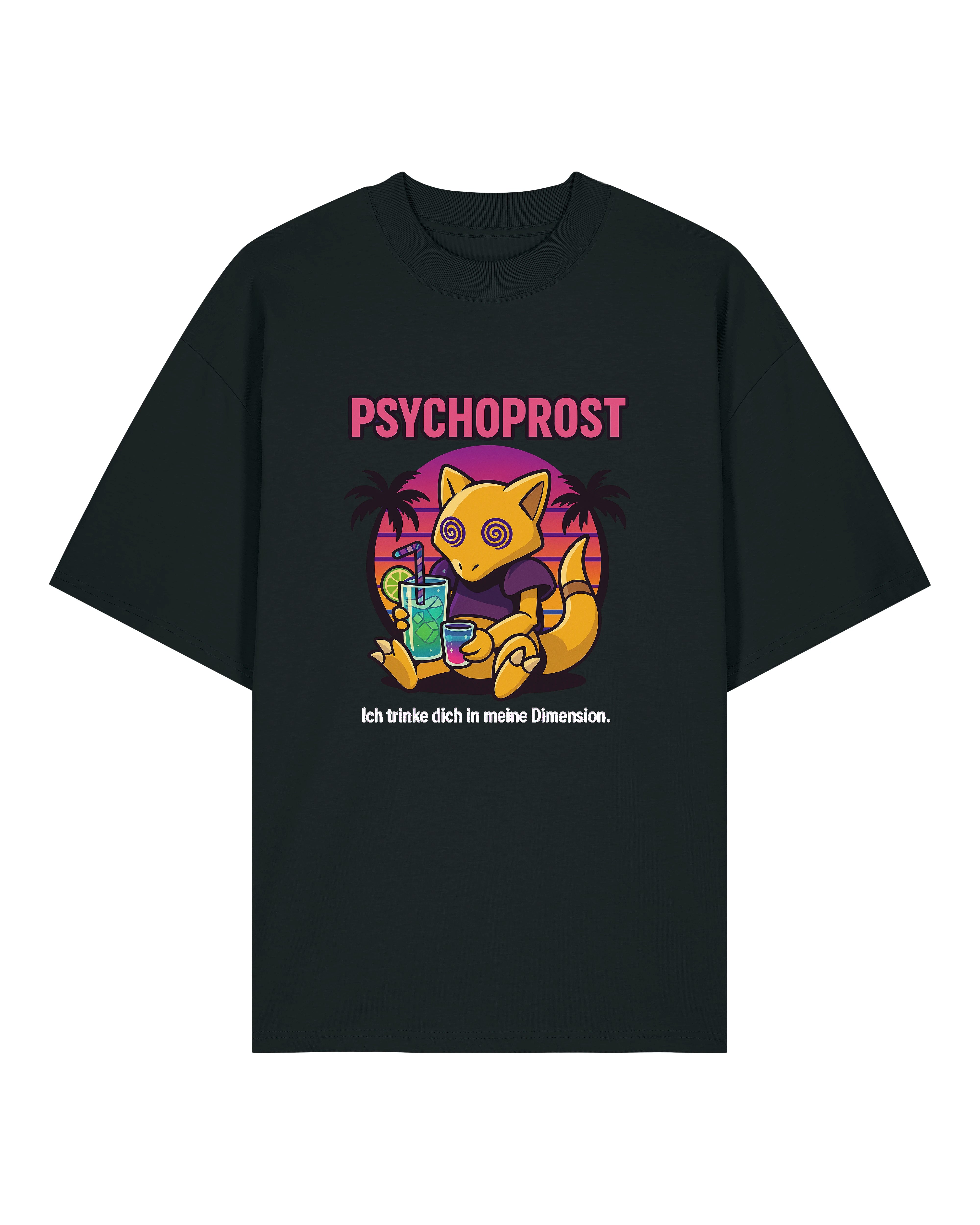 Schwarzes T-Shirt mit psychedelischem "Psychoprost"-Motiv: Hypnose-Pokemon mit Cocktail und Spruch „Ich trinke dich in meine Dimension“.