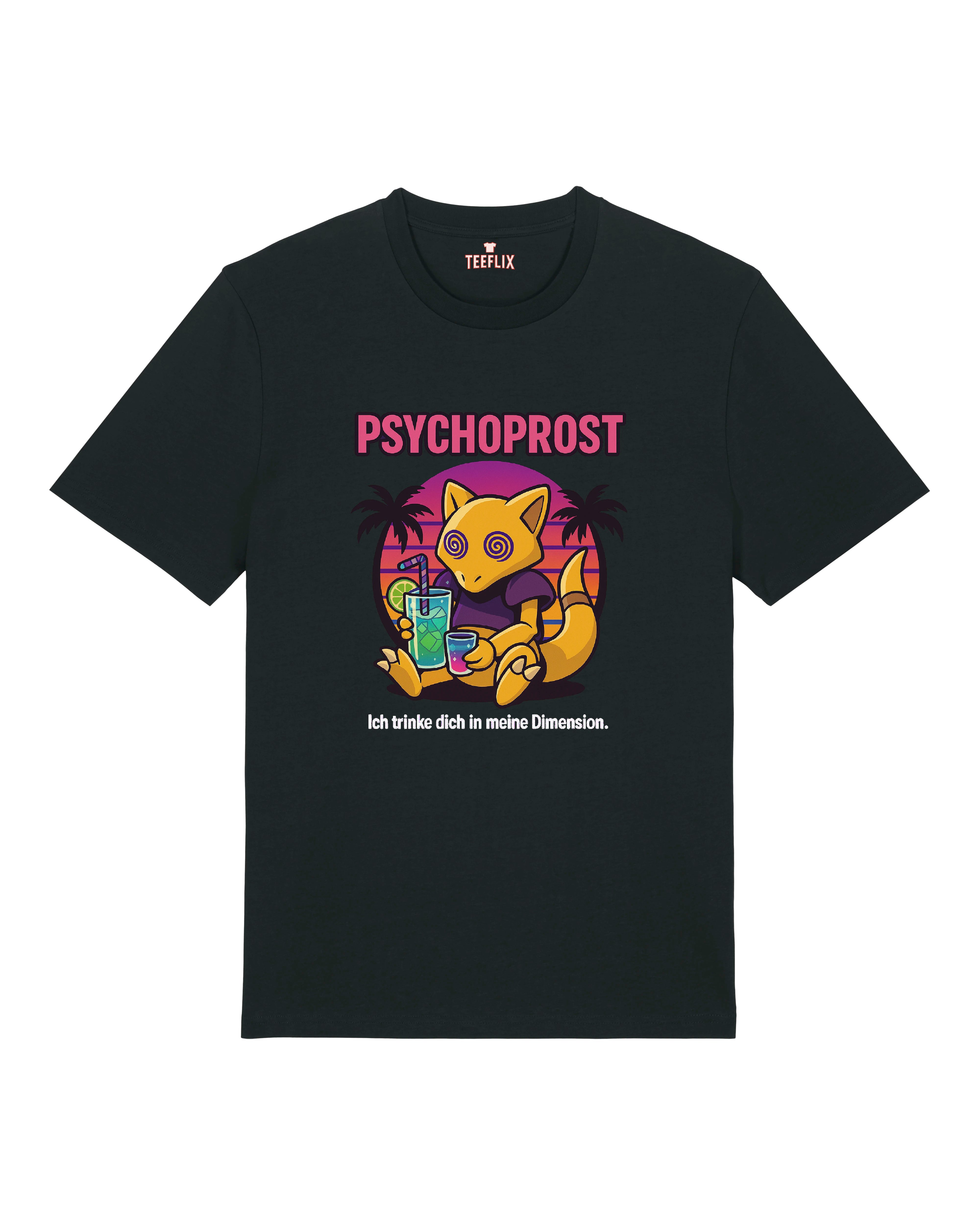 Schwarzes T-Shirt mit psychedelischem "Psychoprost"-Motiv: Hypnose-Pokemon mit Cocktail und Spruch „Ich trinke dich in meine Dimension“.