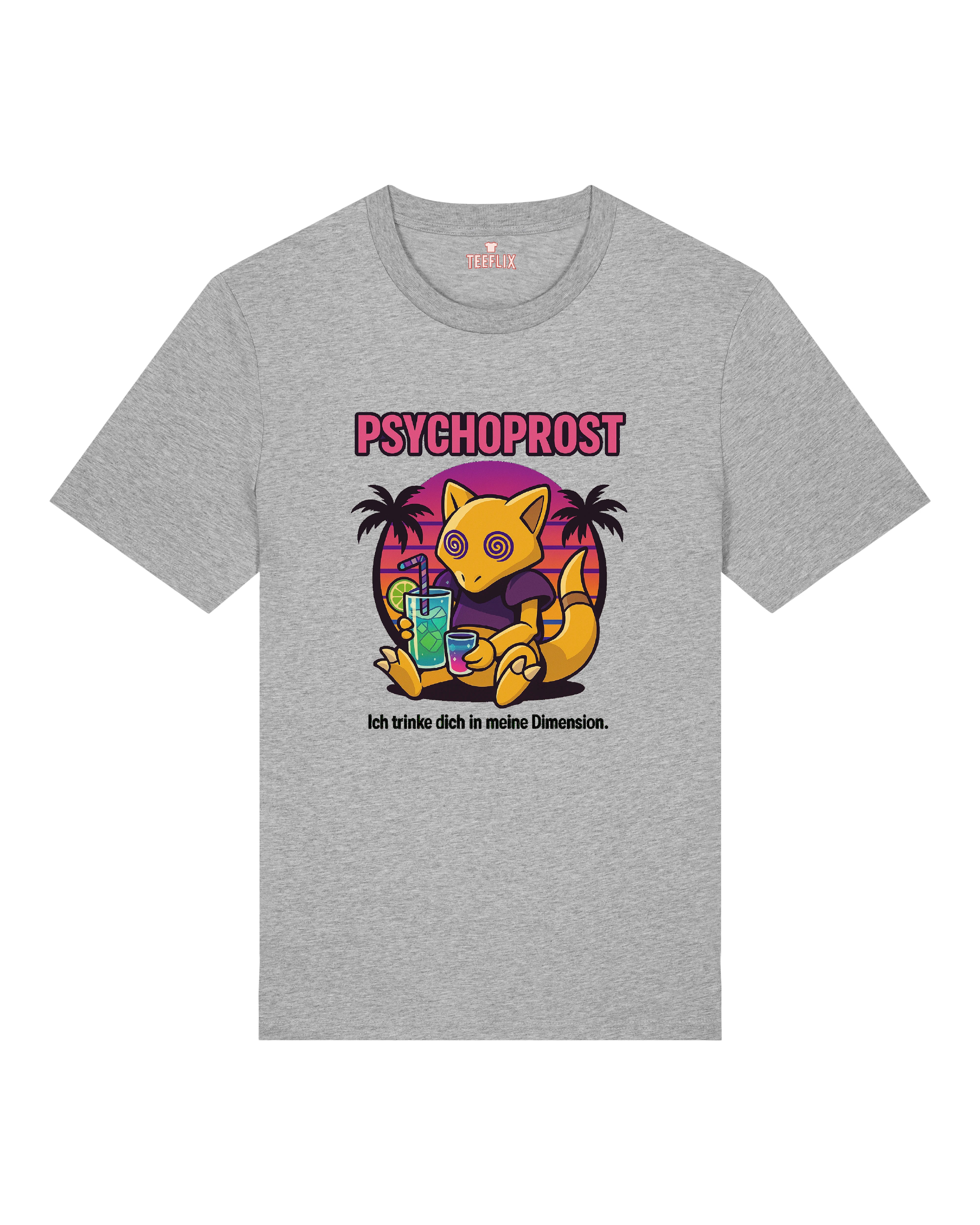 Graues "Psychoprost" T-Shirt mit witzigem Hypnose-Motiv und Spruch für Cocktail-Fans.