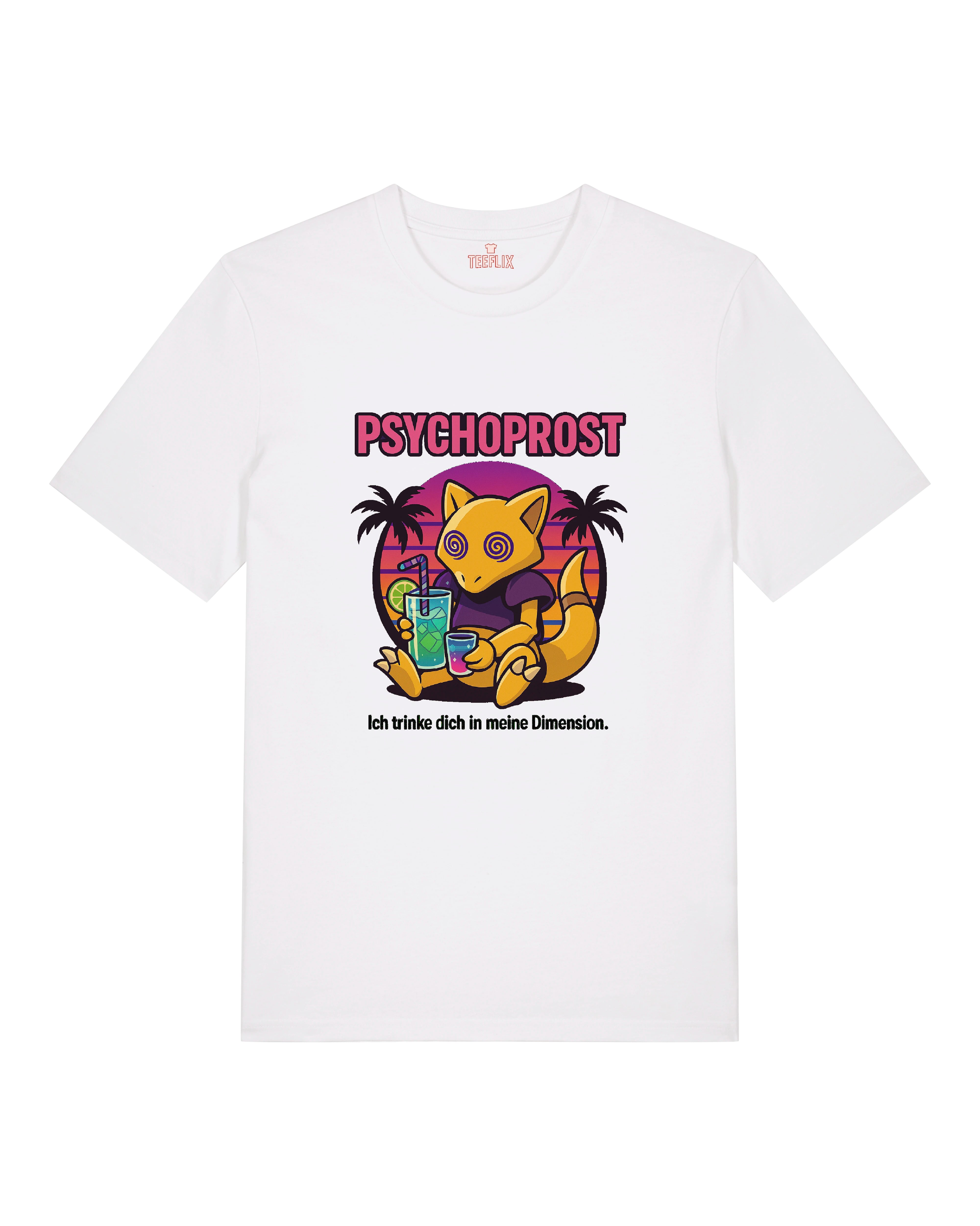 Weißes T-Shirt mit buntem "Psychoprost"-Print, chilliges Hypnose-Pokemon mit Getränk.