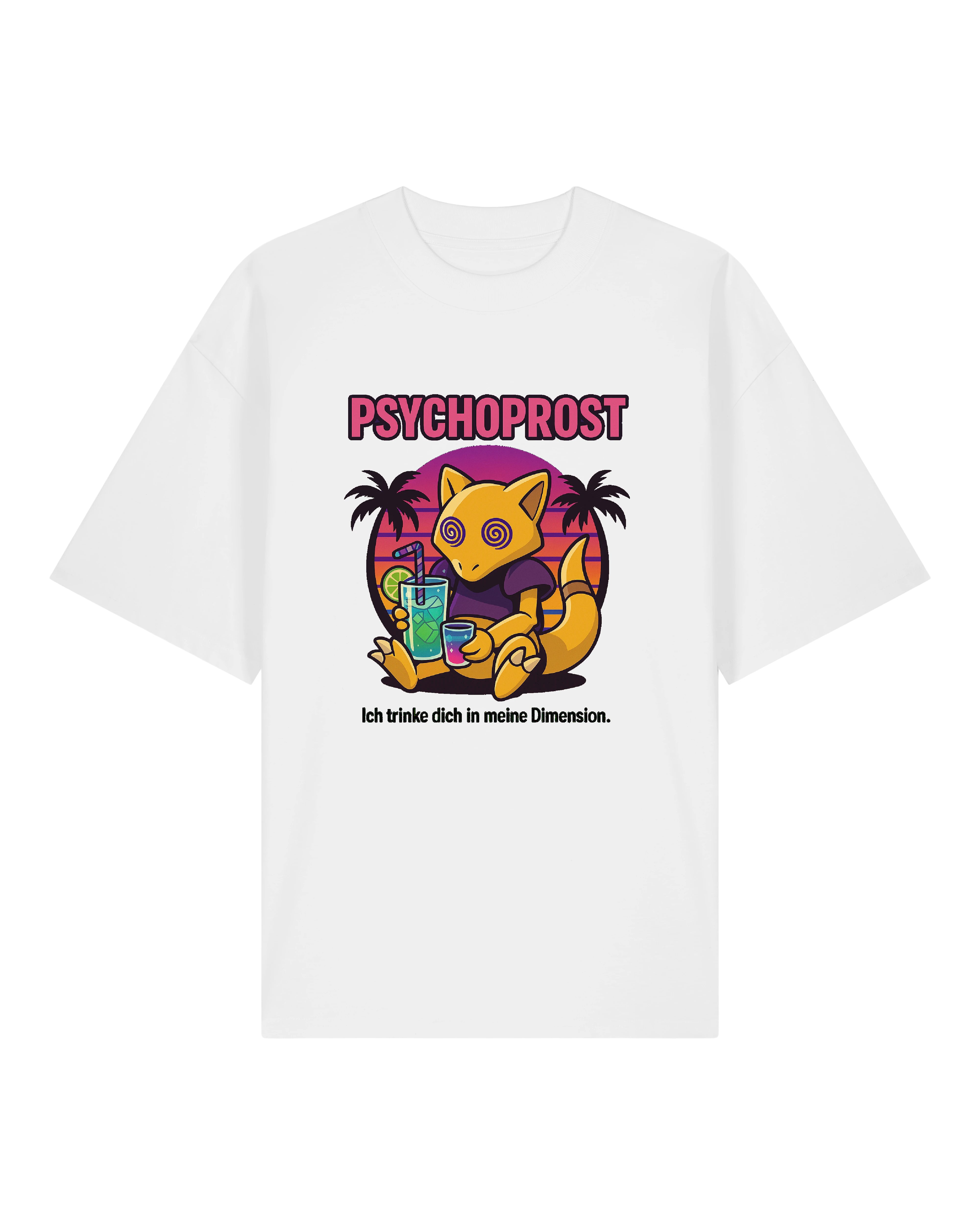 Weißes T-Shirt mit buntem "Psychoprost"-Print, chilliges Hypnose-Pokemon mit Getränk.