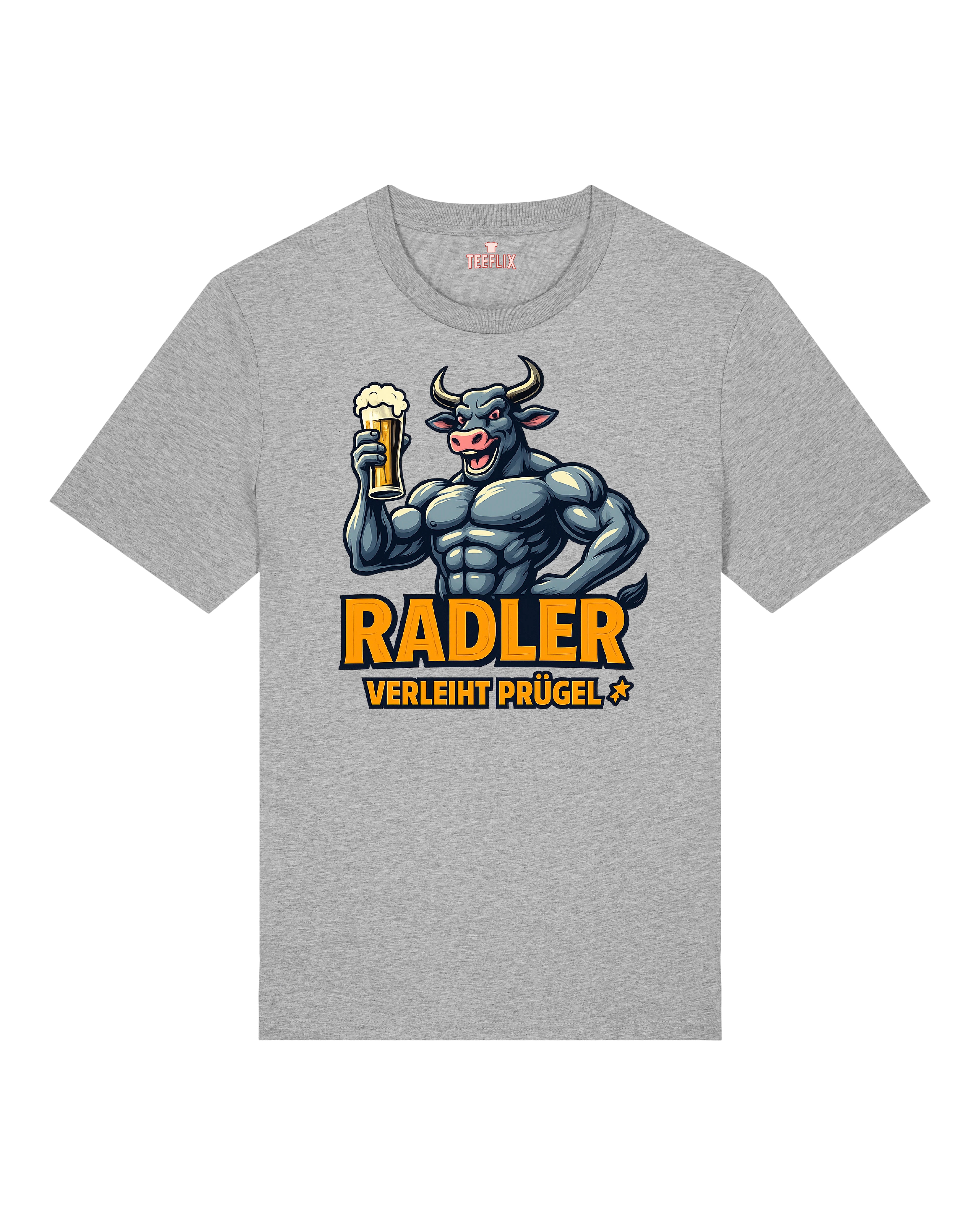 Graues T-Shirt mit muskulösem Cartoon-Bullen und Bierglas – Spruch: „Radler verleiht Prügel“. Lustiges Partyshirt.