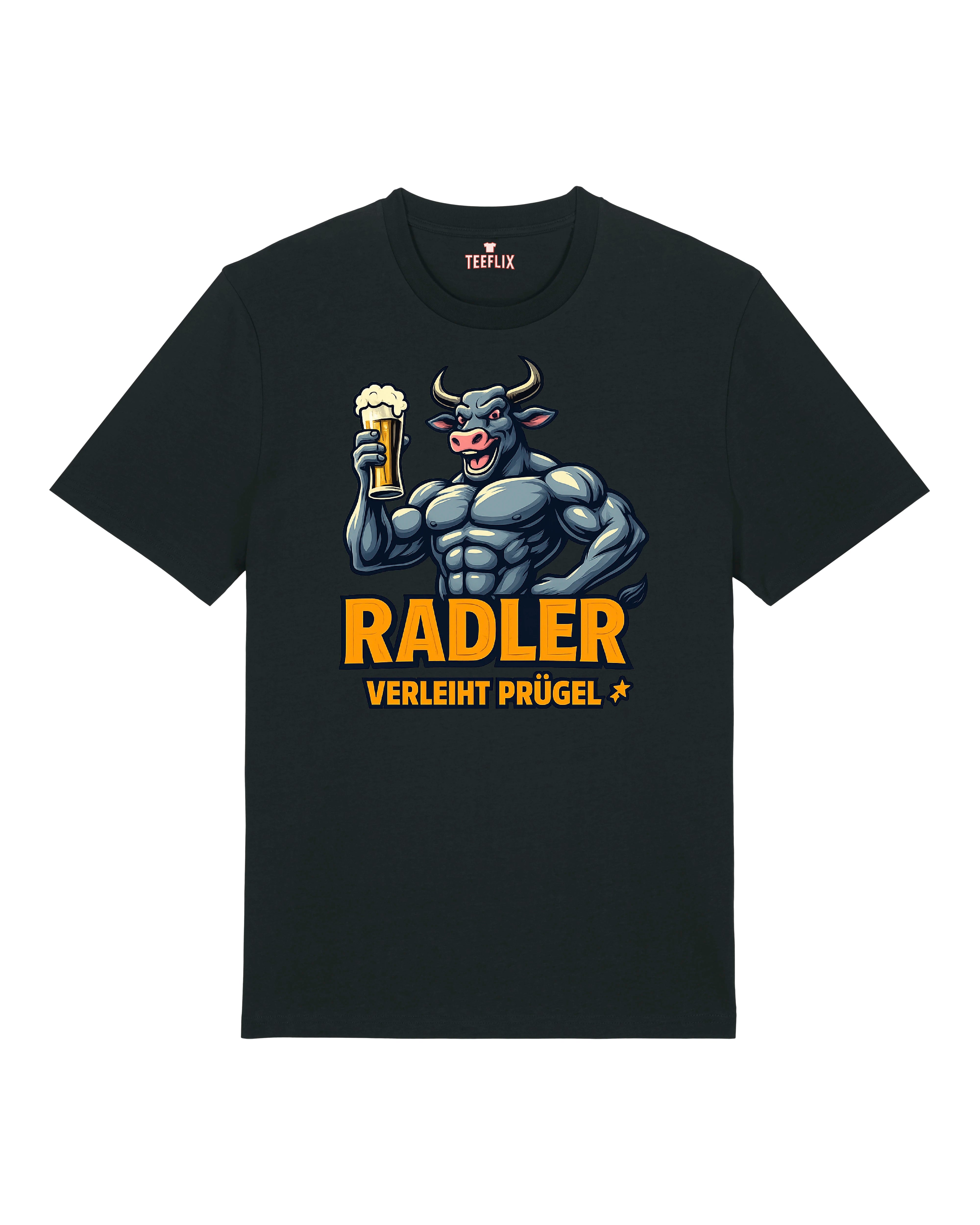 Schwarzes T-Shirt mit Comic-Bulle und dem Spruch „Radler verleiht Prügel“ – witziges Shirt für Bierfans mit Power.