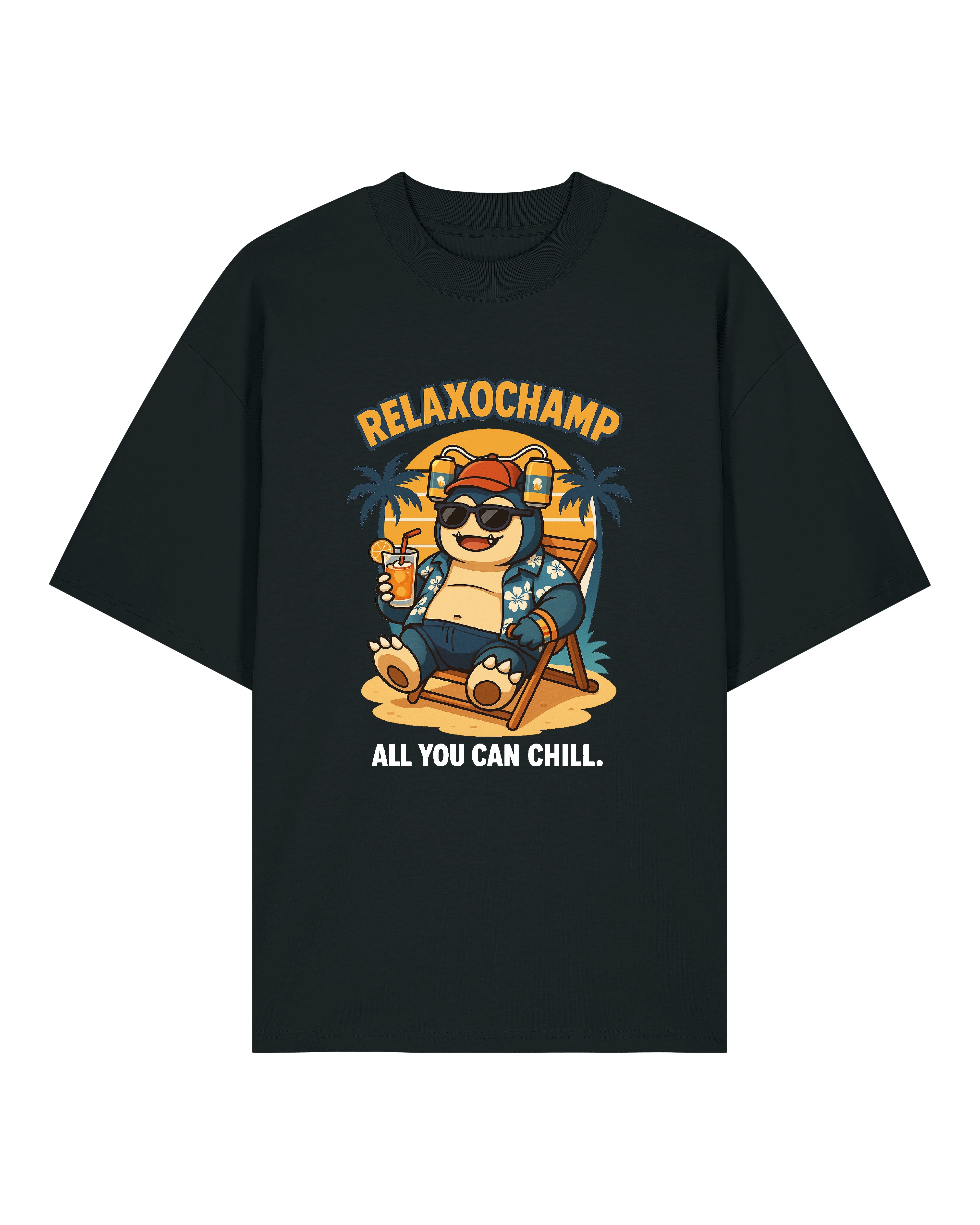 Schwarzes T-Shirt mit Relaxochamp-Motiv: Relaxo mit Sonnenbrille, Cocktail und "All You Can Chill" Spruch vor Palmen