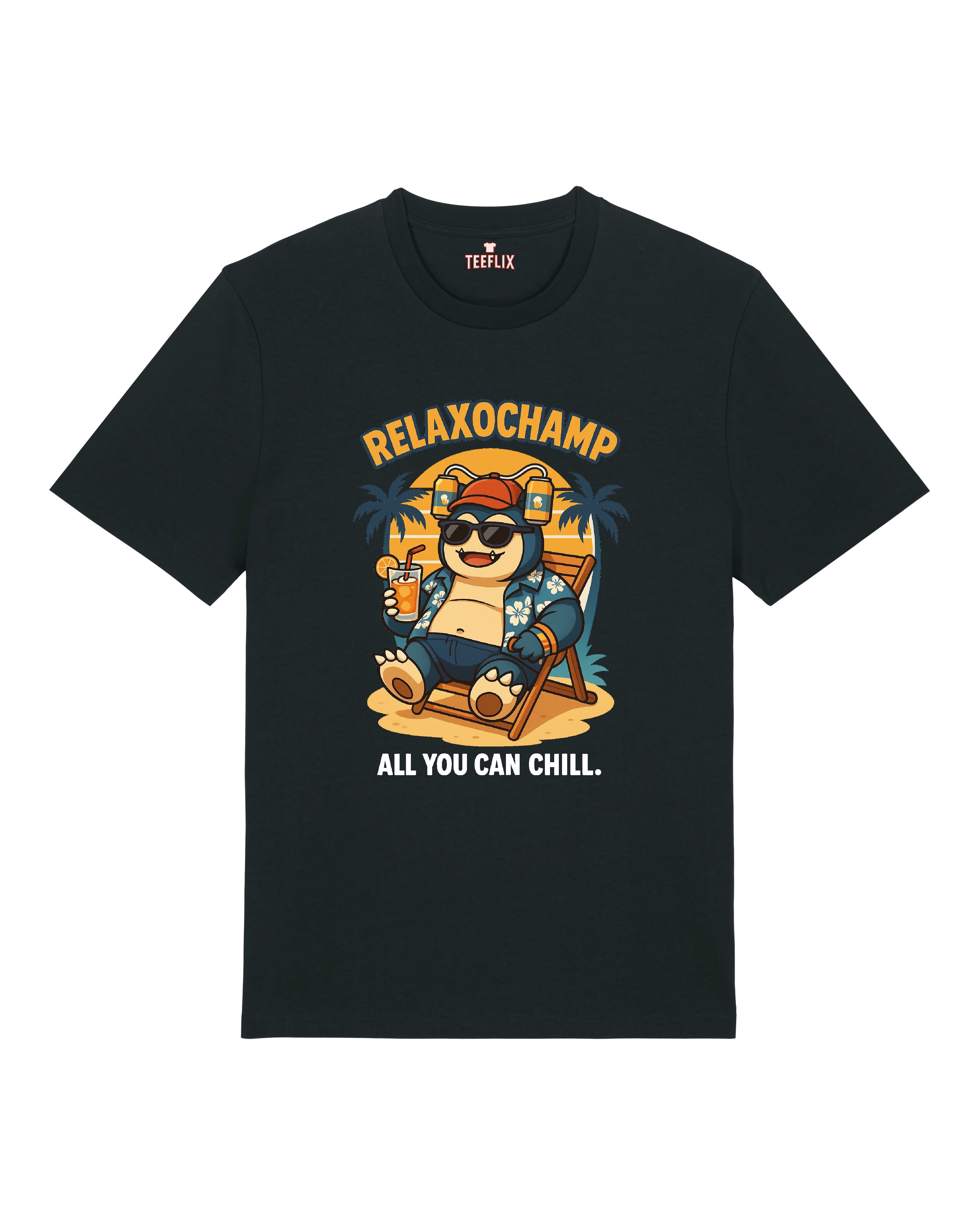 Schwarzes T-Shirt mit Relaxochamp-Motiv: Relaxo mit Sonnenbrille, Cocktail und "All You Can Chill" Spruch vor Palmen