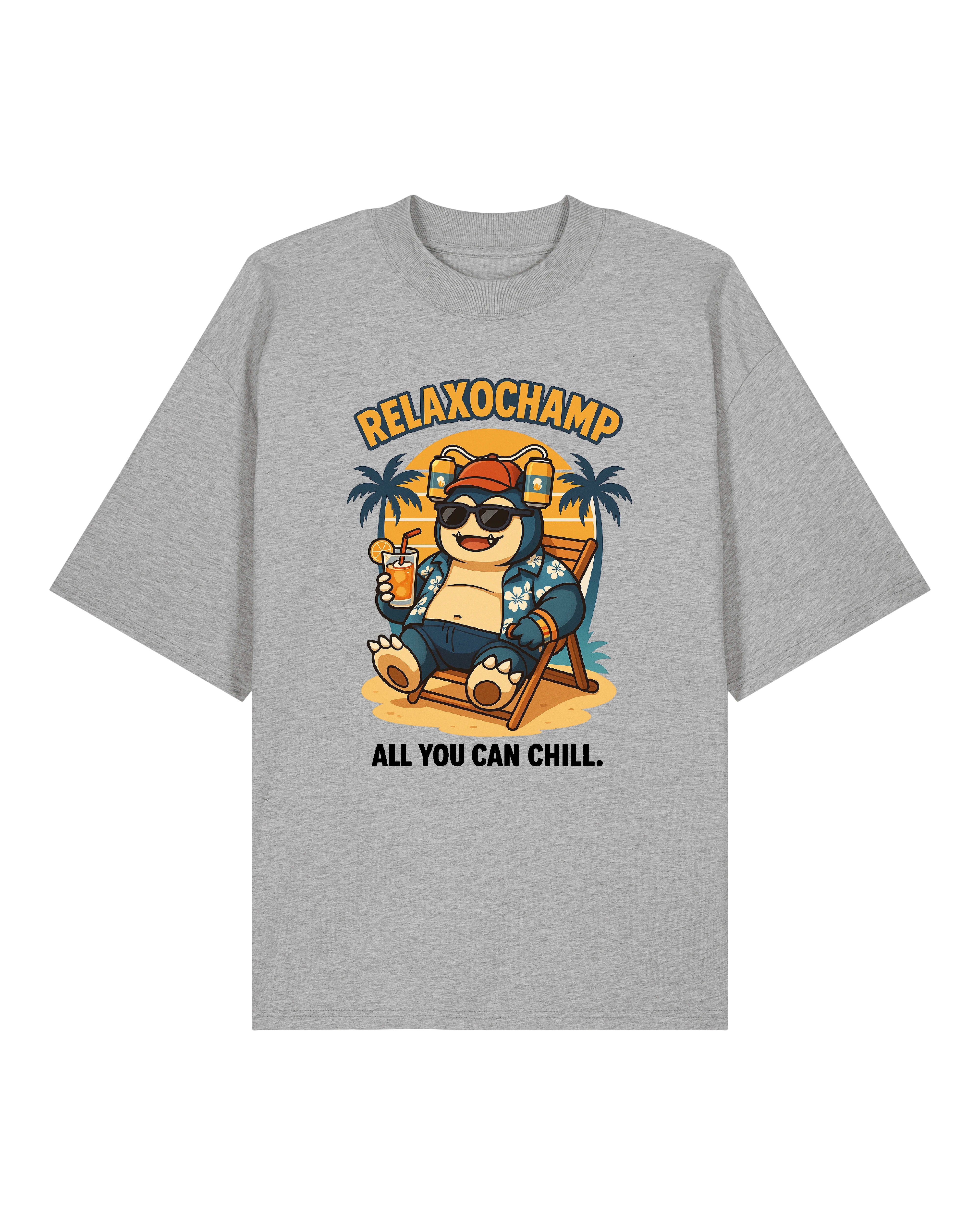 Graues T-Shirt mit Relaxochamp-Motiv: Relaxo entspannt mit Cocktail, Palmenhintergrund und Schriftzug "All You Can Chill"