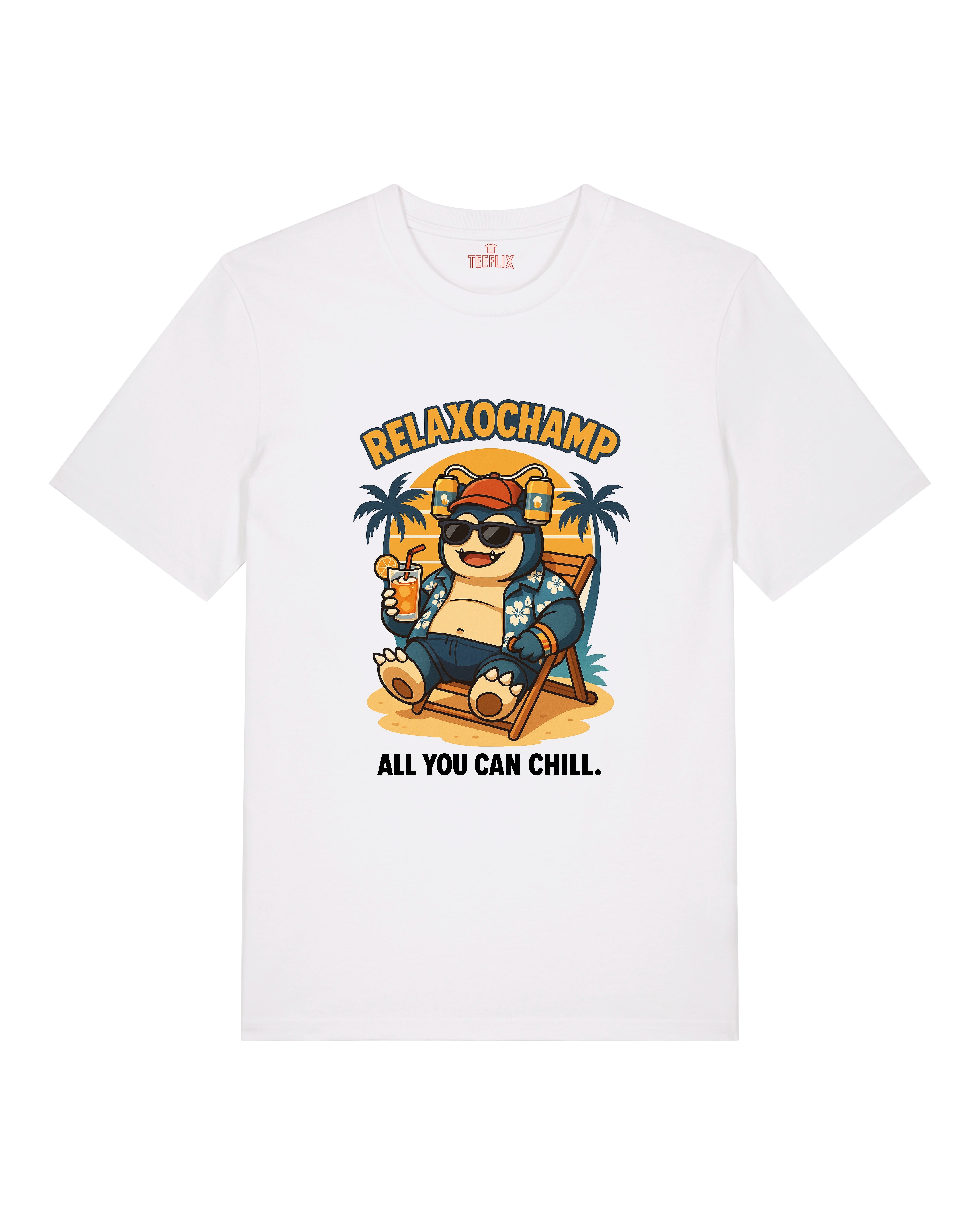 Weißes T-Shirt mit Relaxochamp-Print: Relaxo im Liegestuhl mit Drink und Spruch "All You Can Chill"