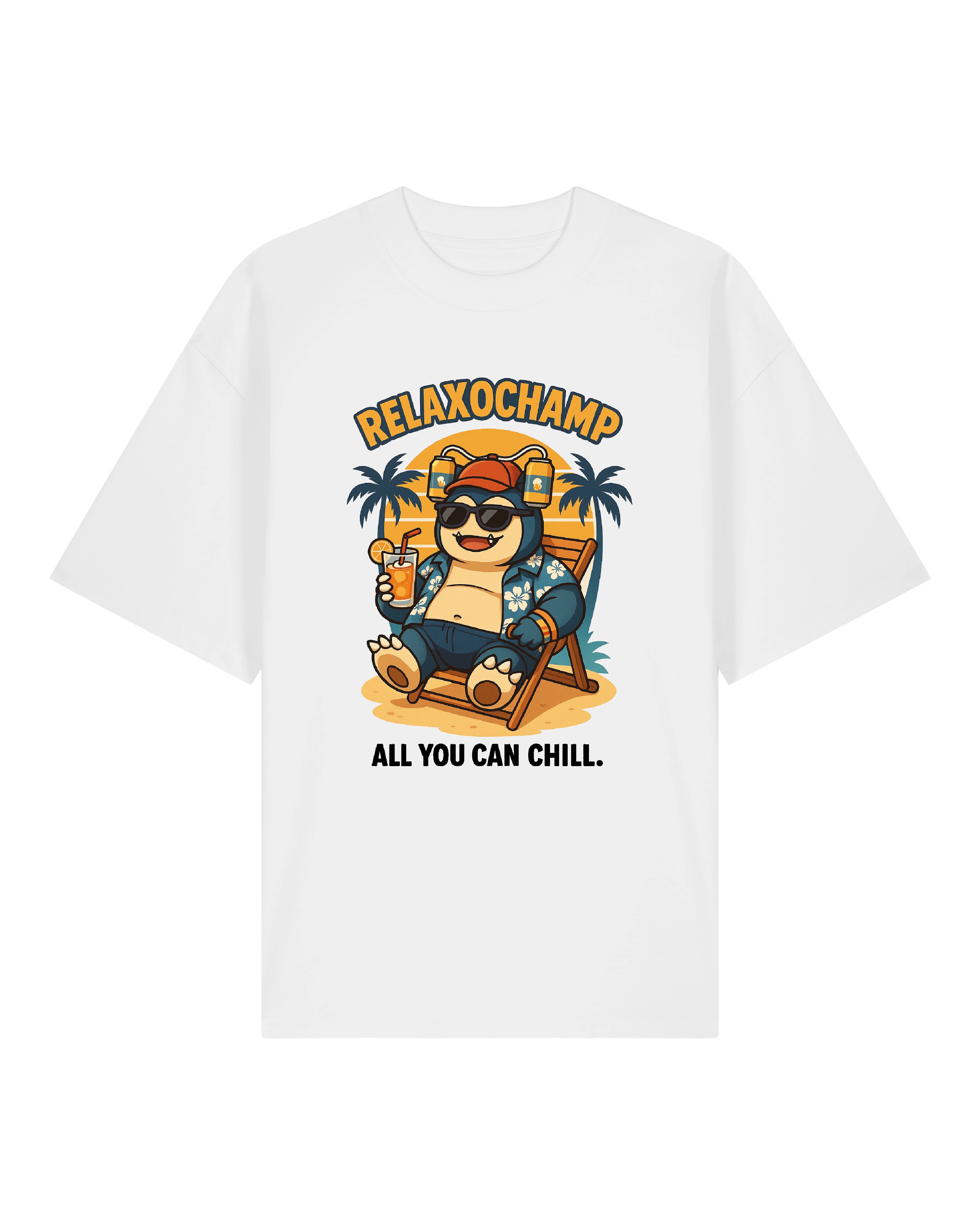 Weißes T-Shirt mit Relaxochamp-Print: Relaxo im Liegestuhl mit Drink und Spruch "All You Can Chill"