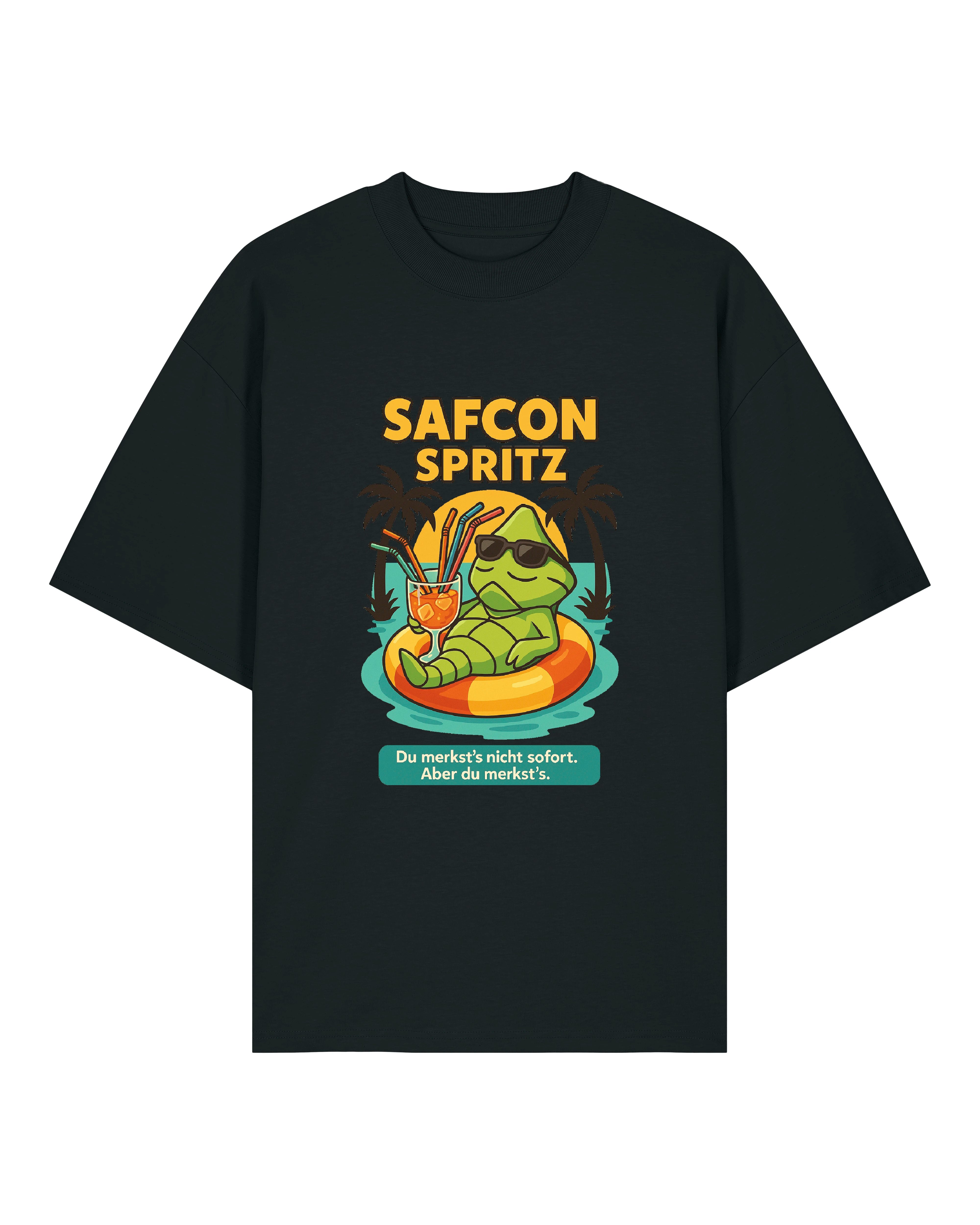 Schwarzes T-Shirt mit psychedelischem "Psychoprost"-Motiv: Hypnose-Pokemon mit Cocktail und Spruch „Ich trinke dich in meine Dimension“.