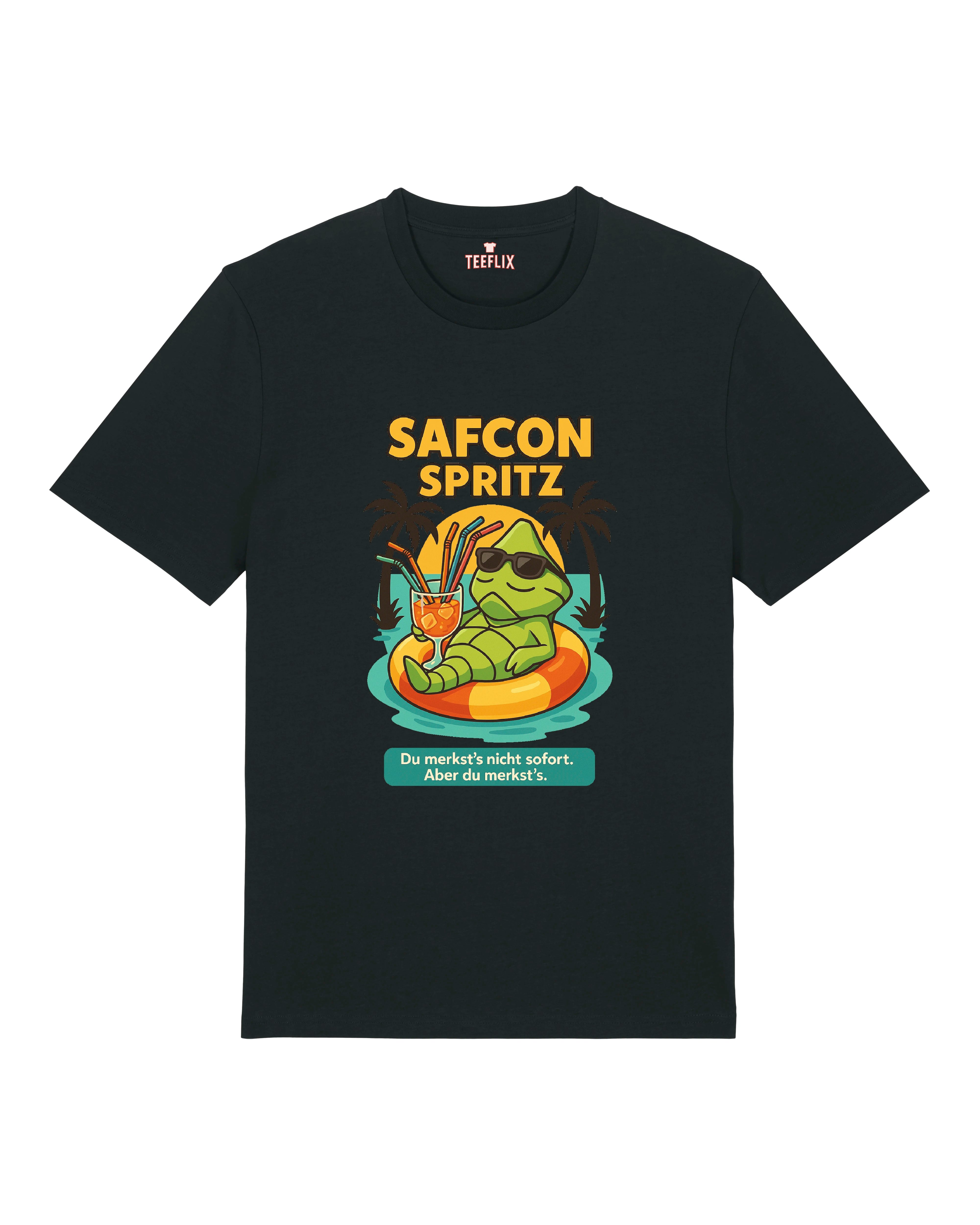 Schwarzes T-Shirt mit psychedelischem "Psychoprost"-Motiv: Hypnose-Pokemon mit Cocktail und Spruch „Ich trinke dich in meine Dimension“.