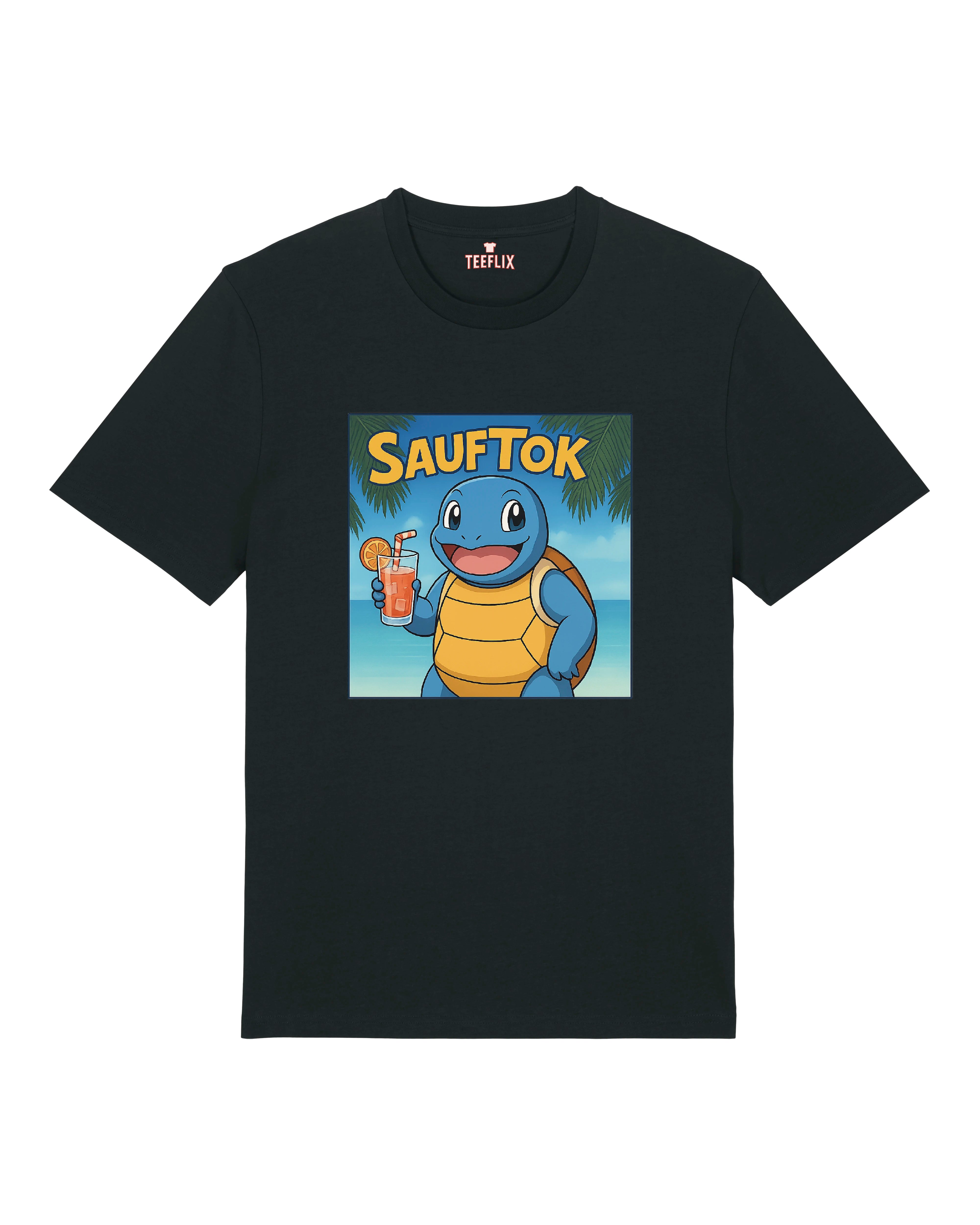 SaufTok Shirt in Schwarz mit trinkender Schildkröte im Cartoon-Stil