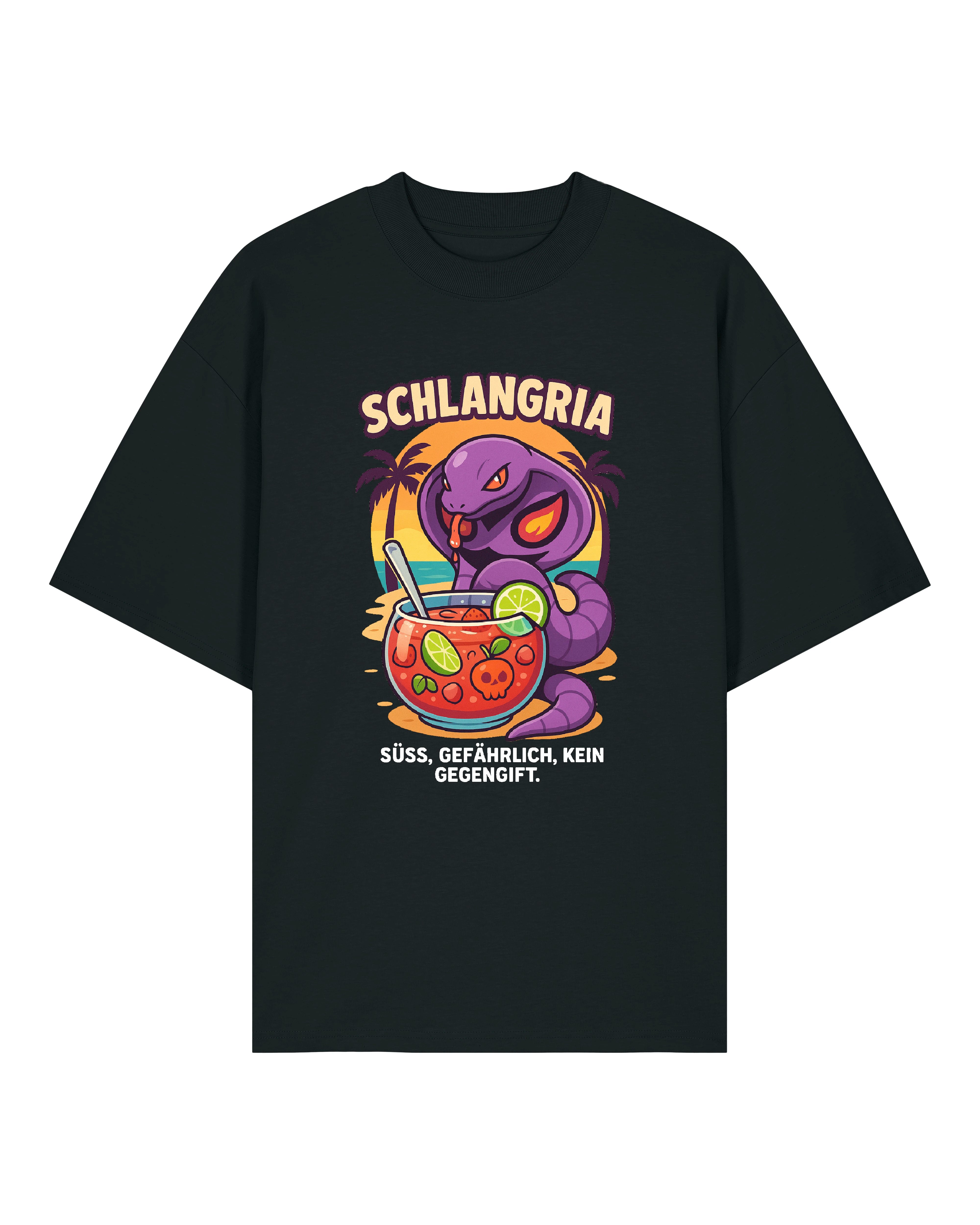 Schwarzes T-Shirt „Schlangria“ – lila Schlange mit Sangria-Drink und Spruch