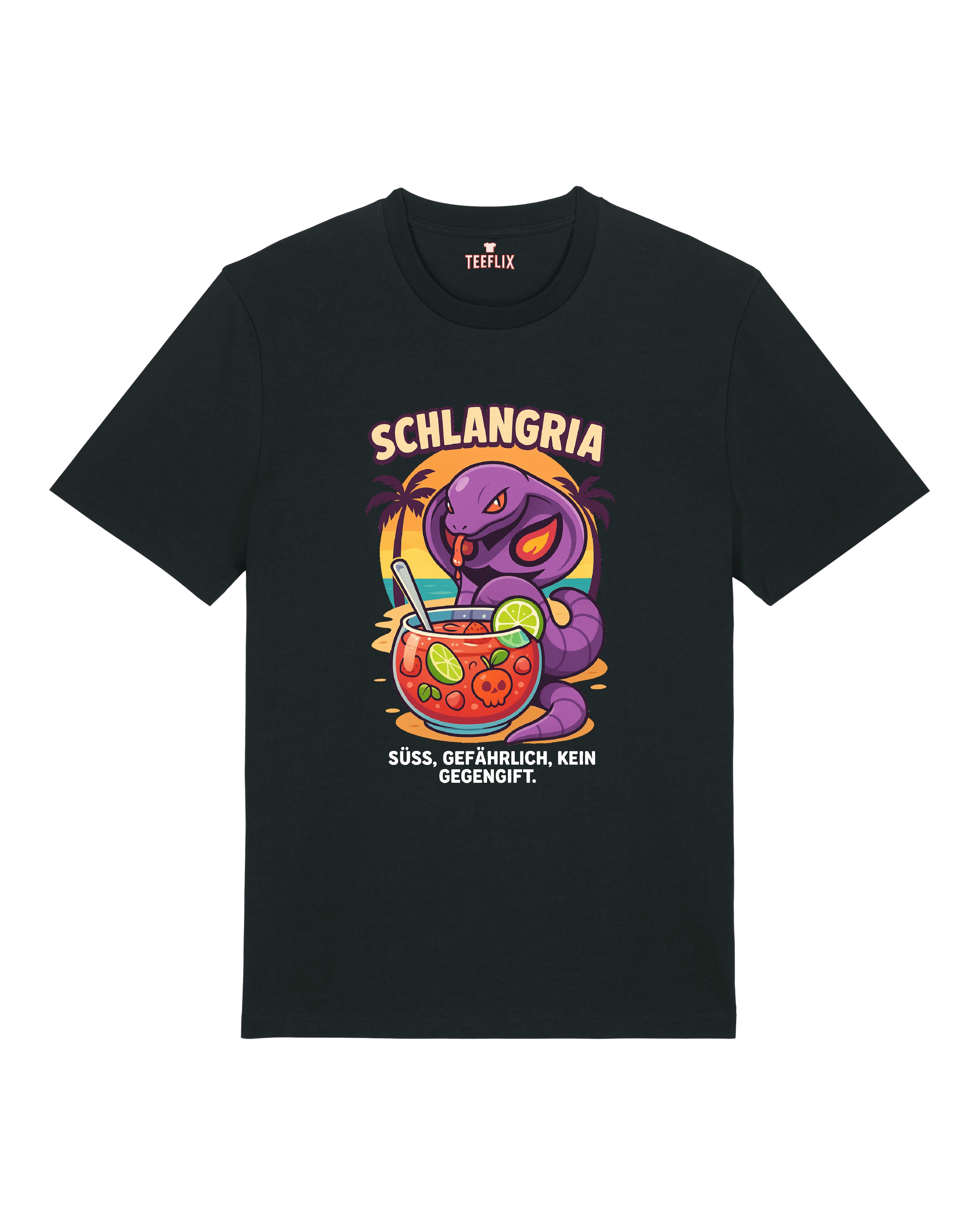 Schwarzes T-Shirt „Schlangria“ – lila Schlange mit Sangria-Drink und Spruch