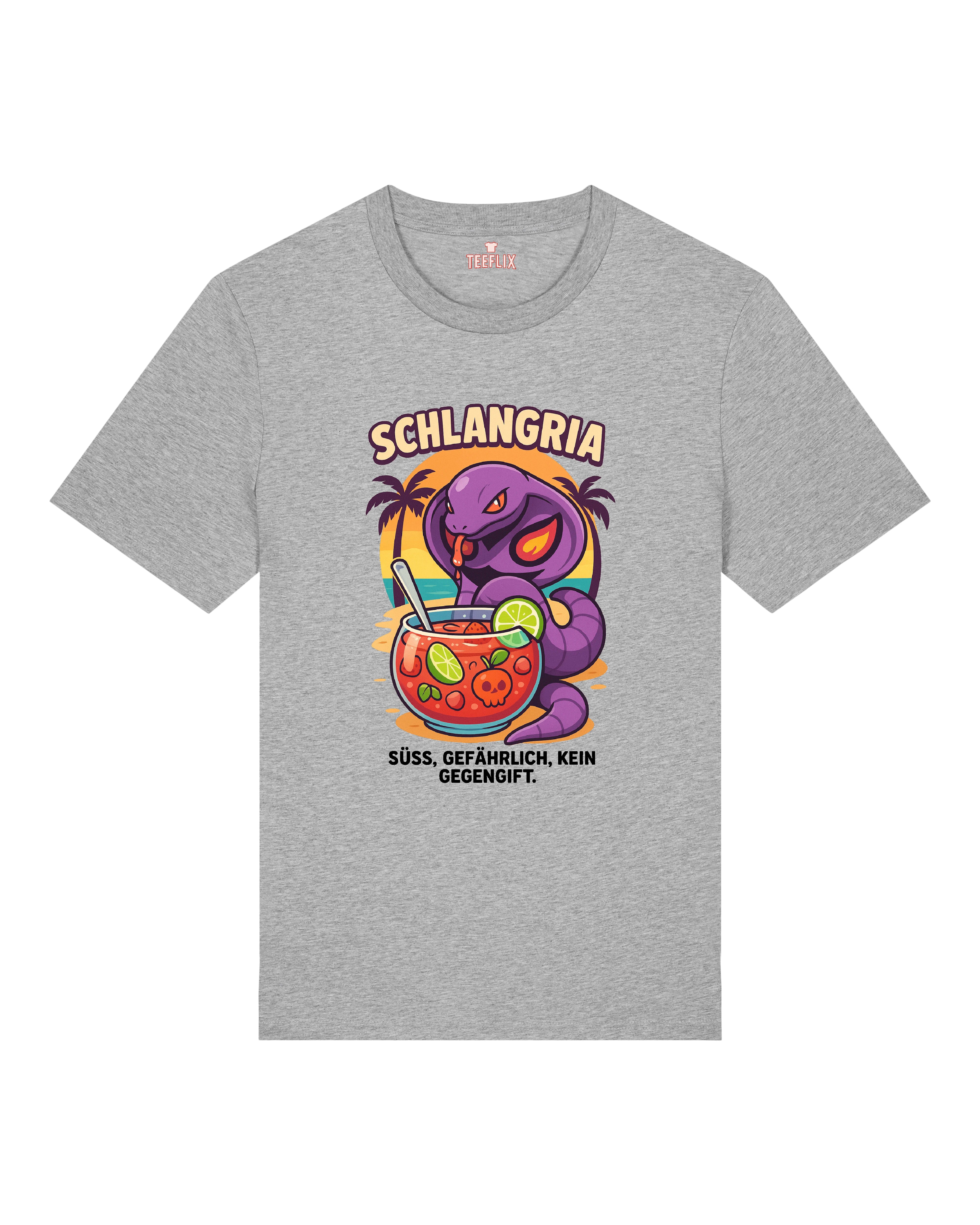 Graues T-Shirt „Schlangria“ – süßes, gefährliches Schlangen-Design mit Drink