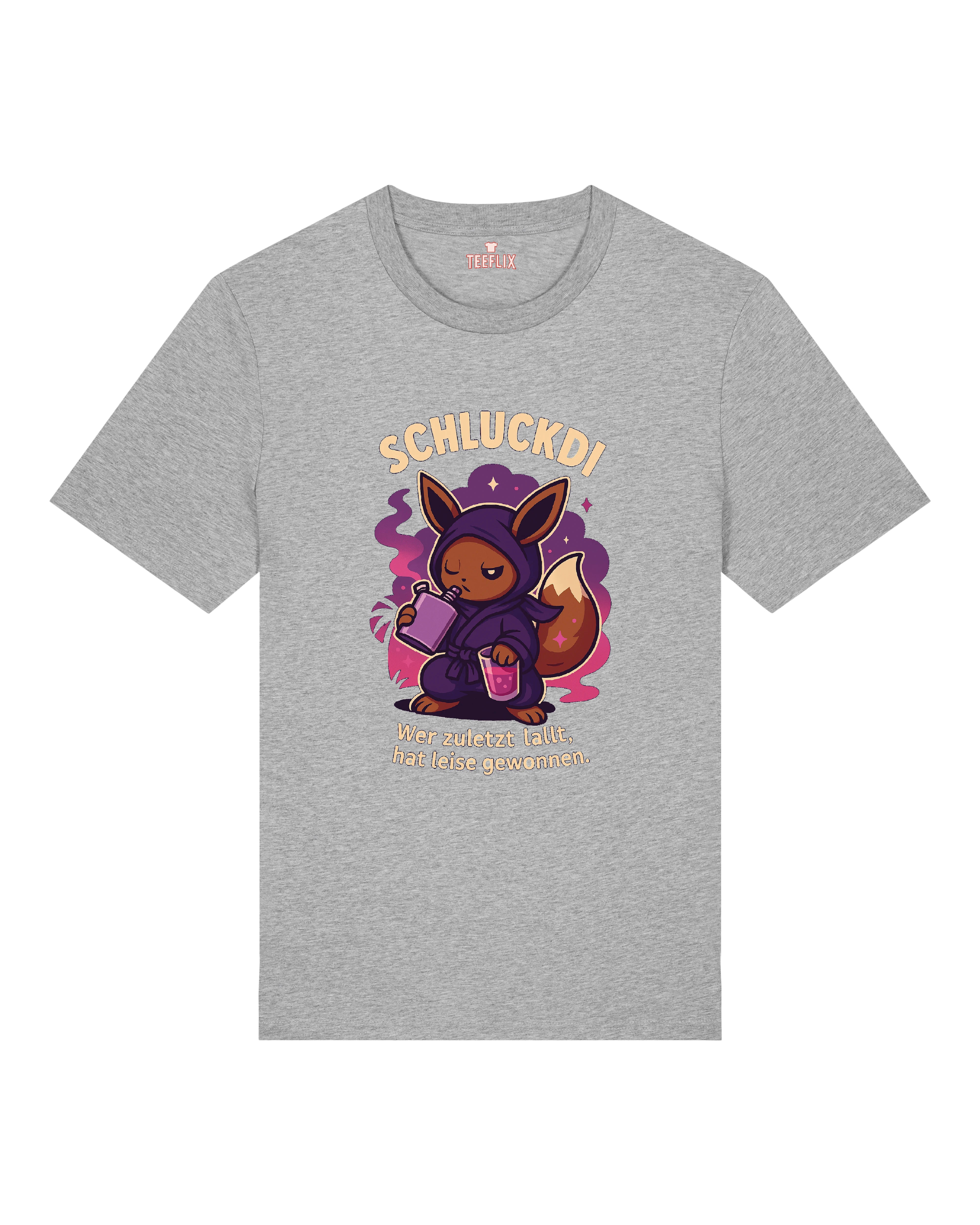 Schluckdi T-Shirt mit Trinkmotiv und Spruch "Wer zuletzt lallt, hat leise gewonnen" in Schwarz, Grau und Weiß.
