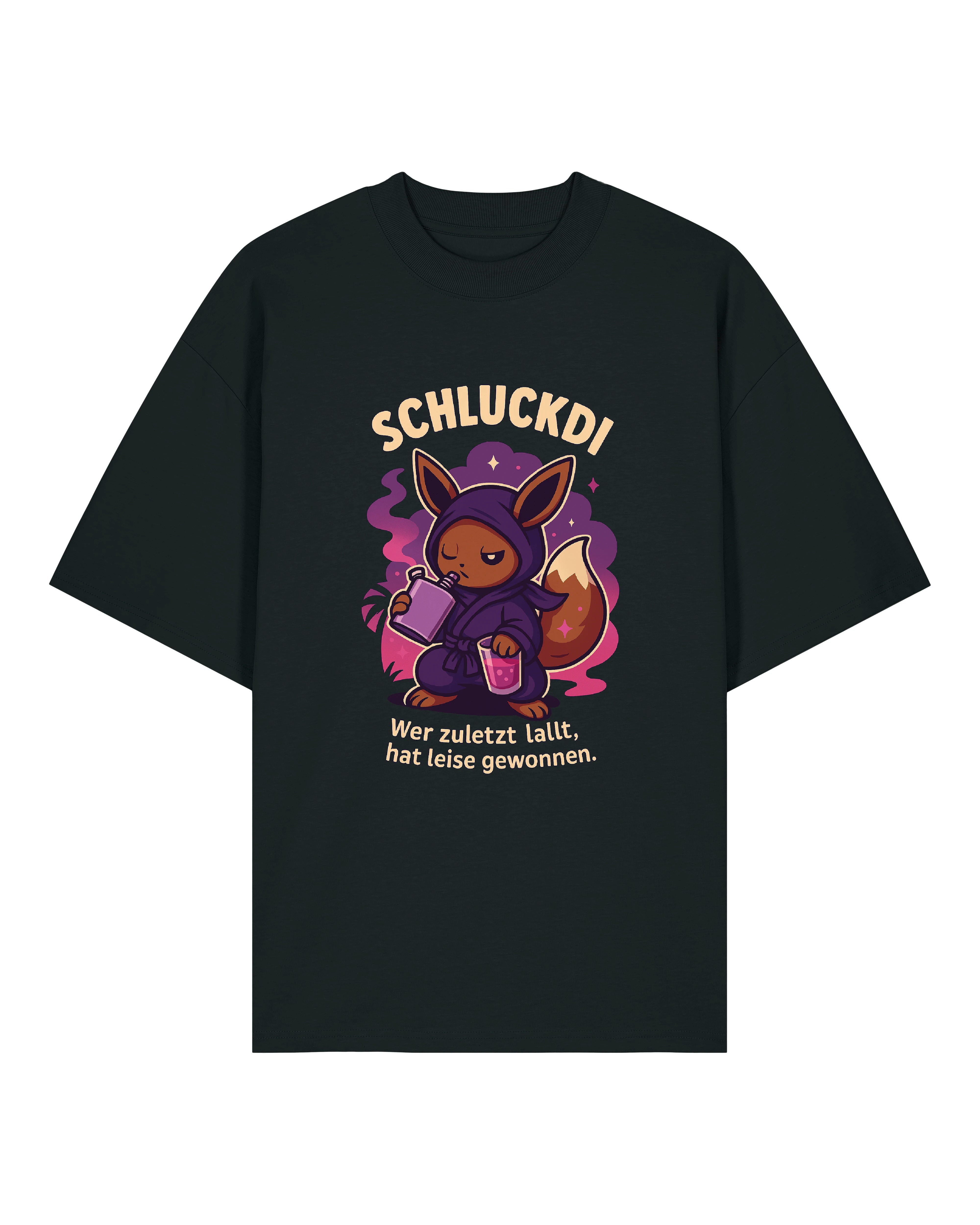 Schluckdi T-Shirt mit Trinkmotiv und Spruch "Wer zuletzt lallt, hat leise gewonnen" in Schwarz, Grau und Weiß.