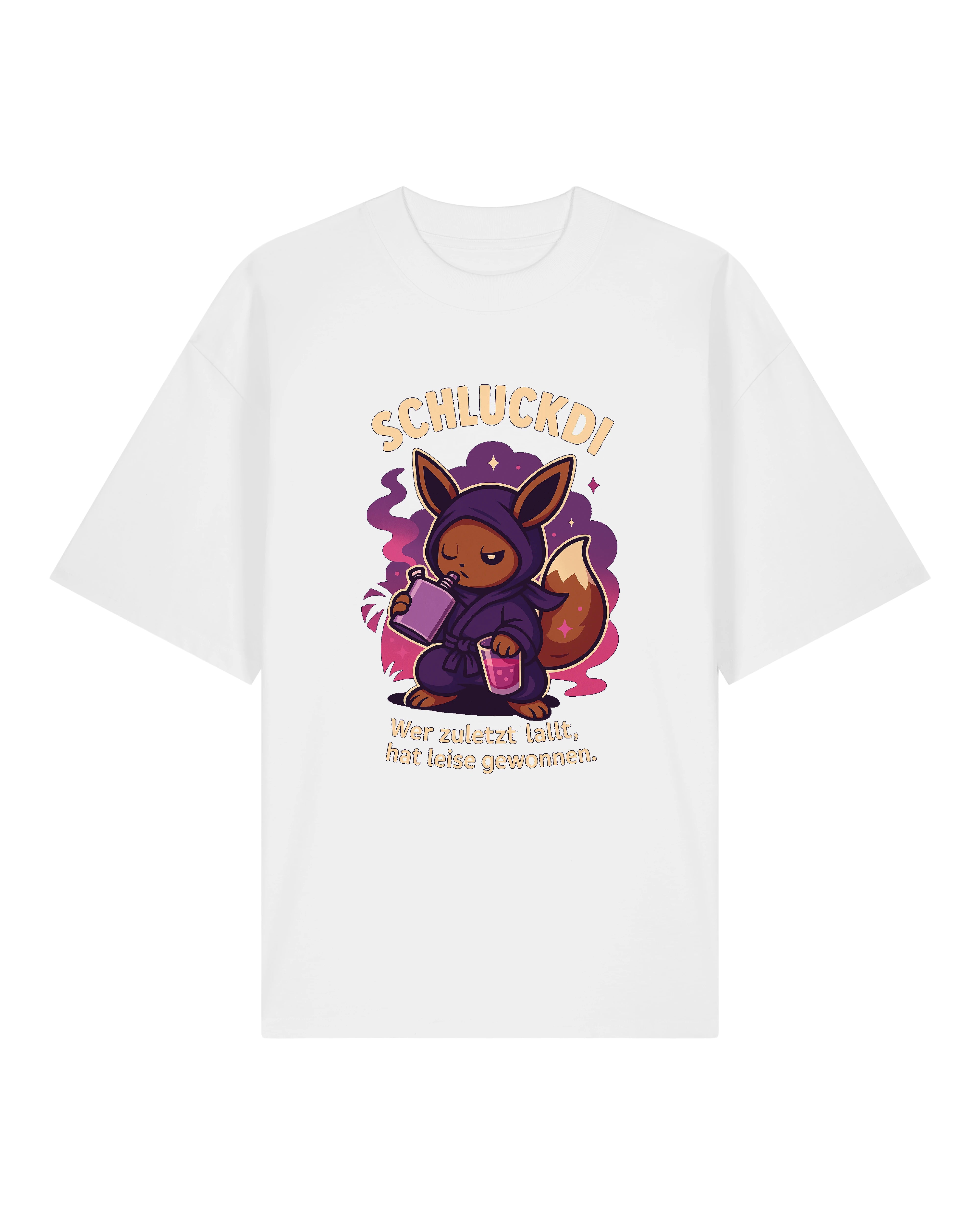Schluckdi T-Shirt mit Trinkmotiv und Spruch "Wer zuletzt lallt, hat leise gewonnen" in Schwarz, Grau und Weiß.