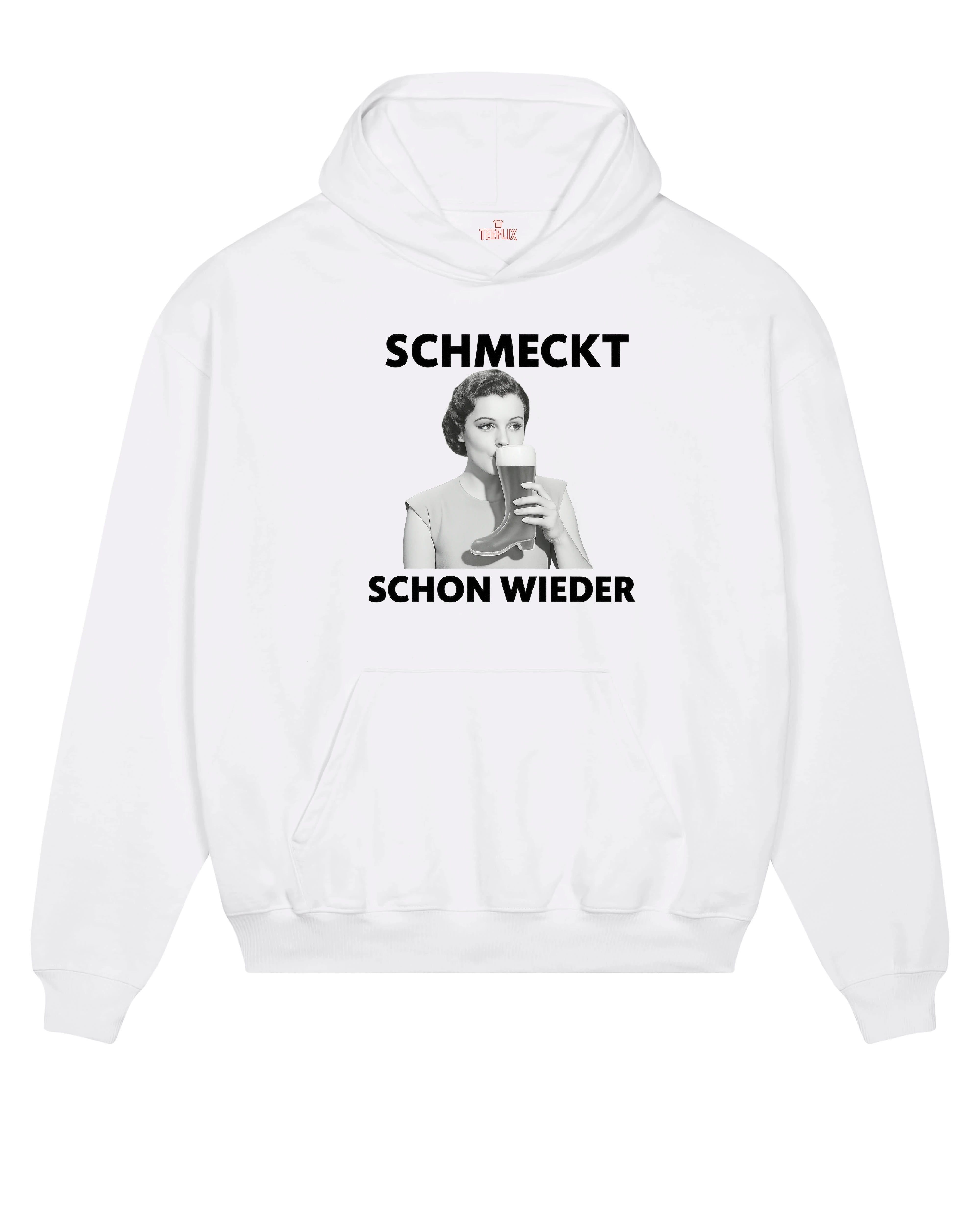 Ein weißer, cremefarbener oder schwarzer Hoodie mit dem humorvollen Spruch „Schmeckt schon wieder“ über einer Retro-Illustration einer Frau, die aus einem Bierstiefel trinkt. Perfekt für Bierfans mit Sinn für Humor.