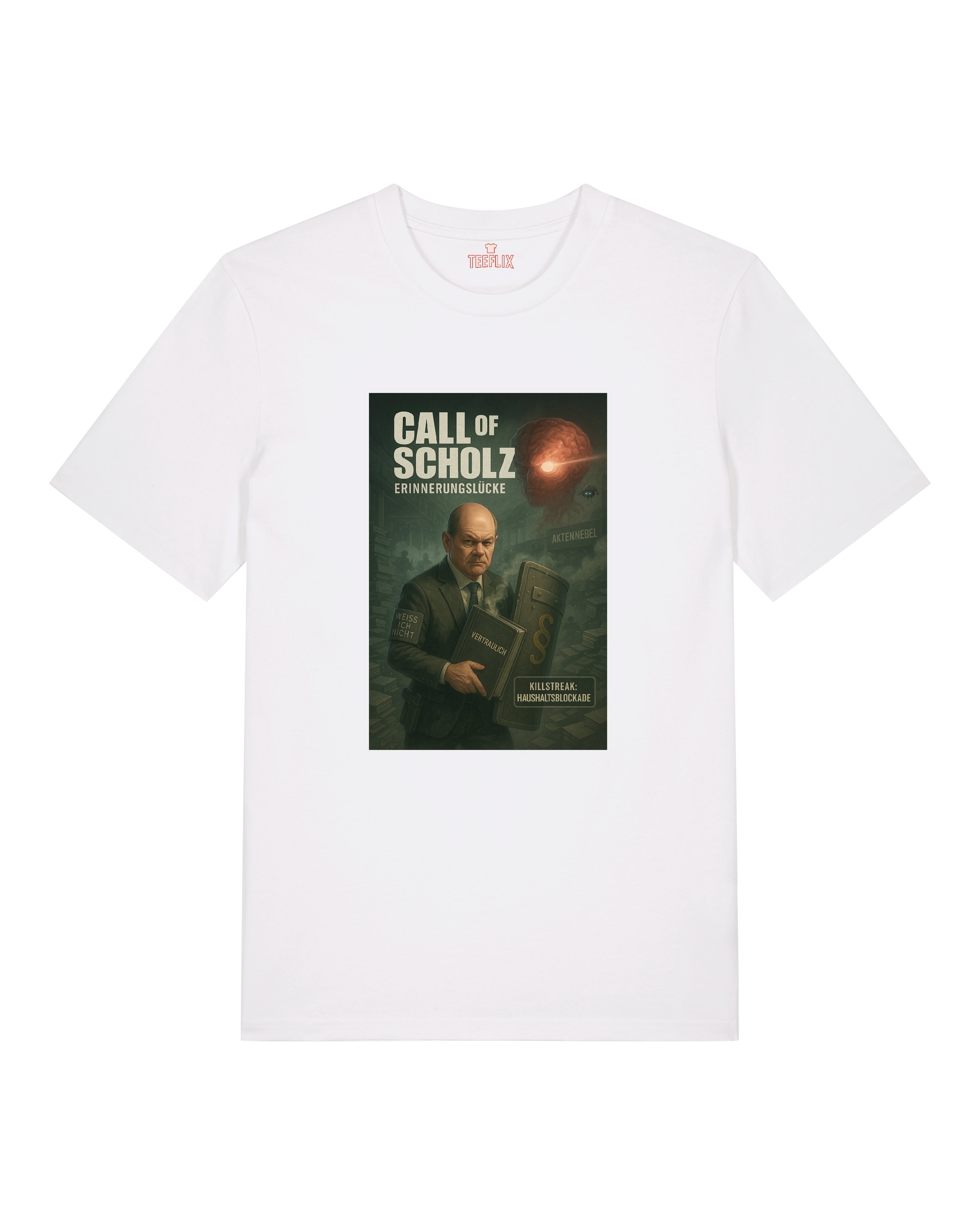 Satirisches Call of Scholz T-Shirt in Weiß mit Kanzler-Motiv und Aktennebel-Design.