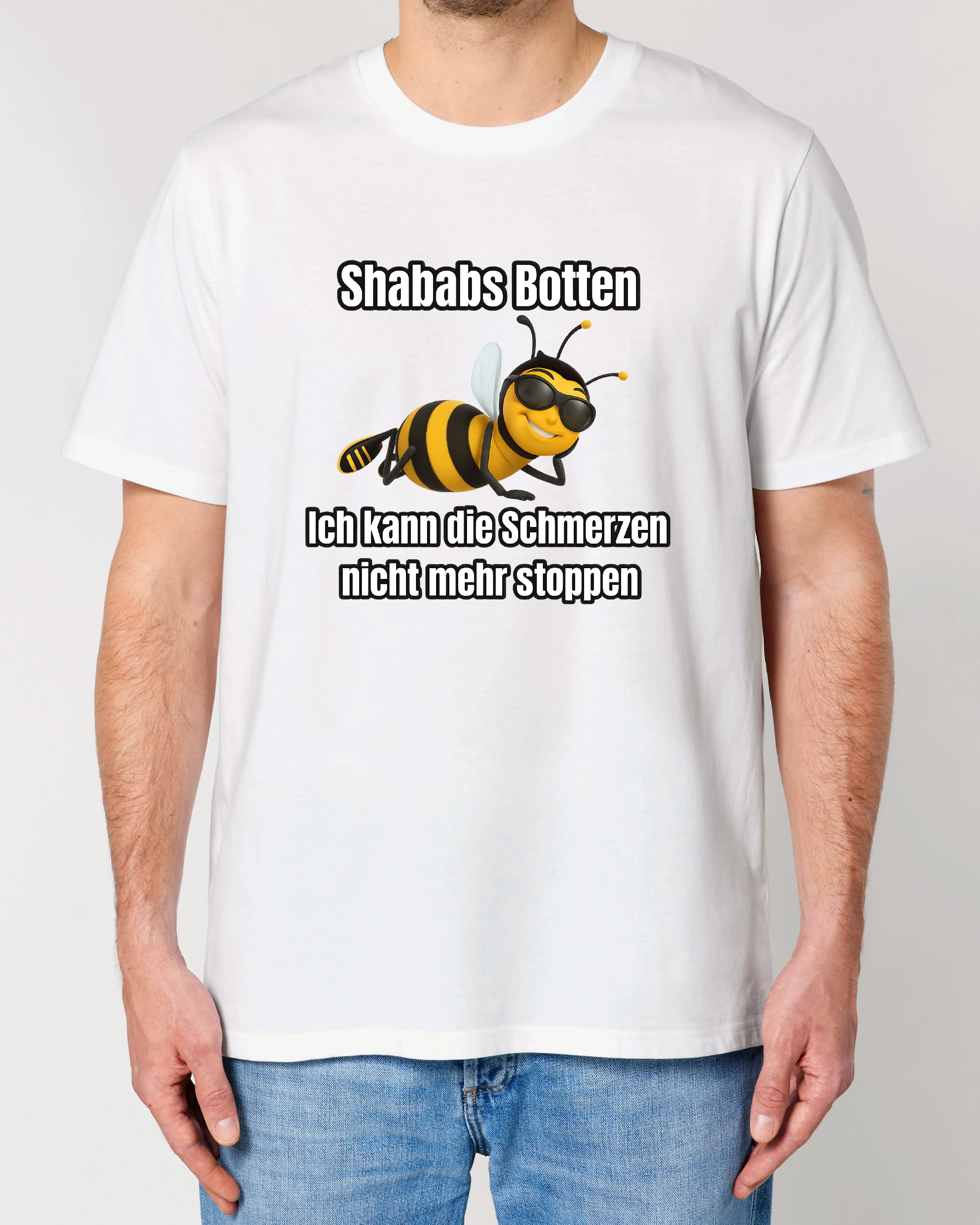 Weißes Shirt mit Model – Motiv: "Shababs Botten" Meme-Biene mit Spruch