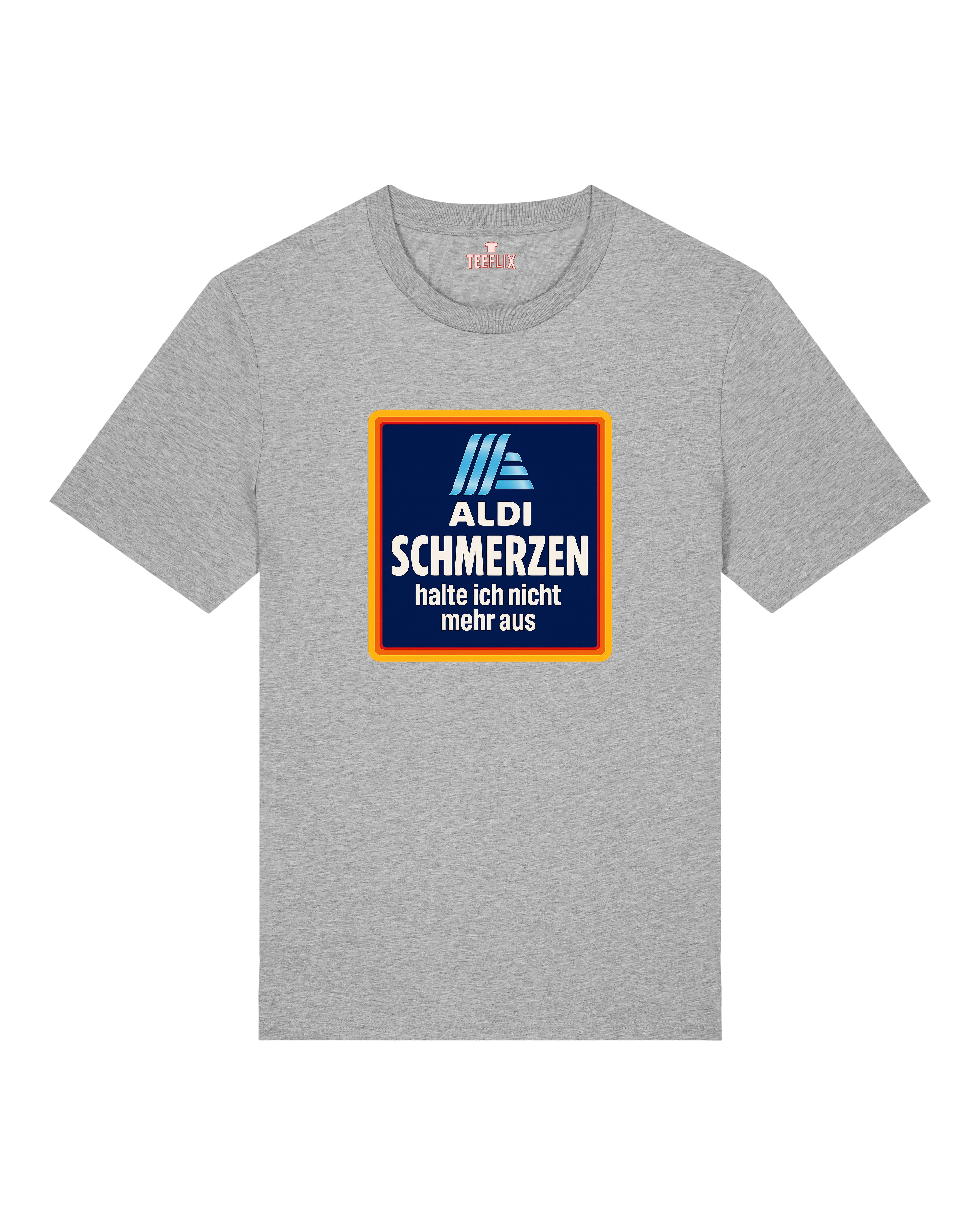 Graues T-Shirt mit ironischem Spruch über Alltagsschmerz im ALDI-Look