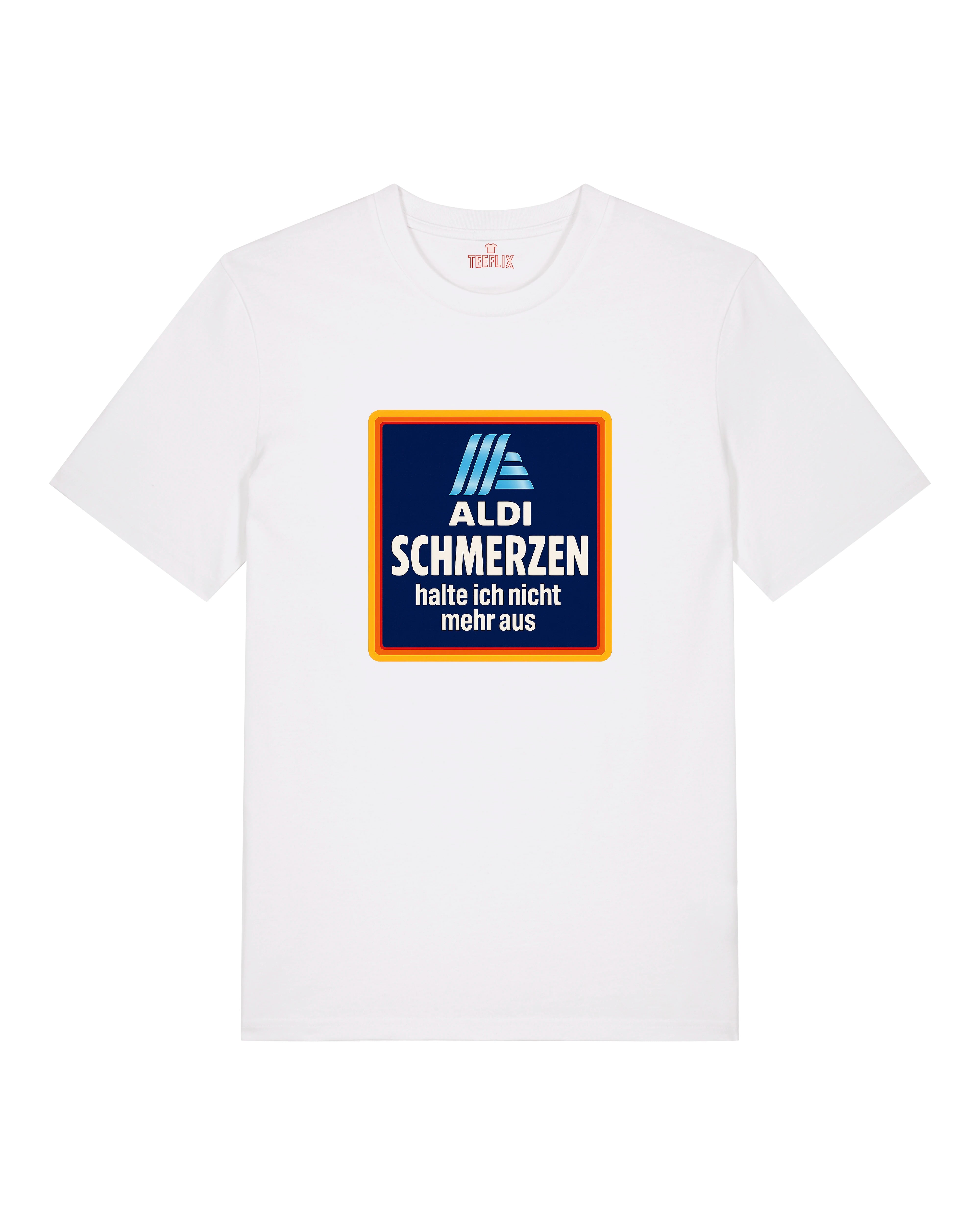 Weißes T-Shirt mit satirischem ALDI-Logo-Design und Spruch „Schmerzen halte ich nicht mehr aus