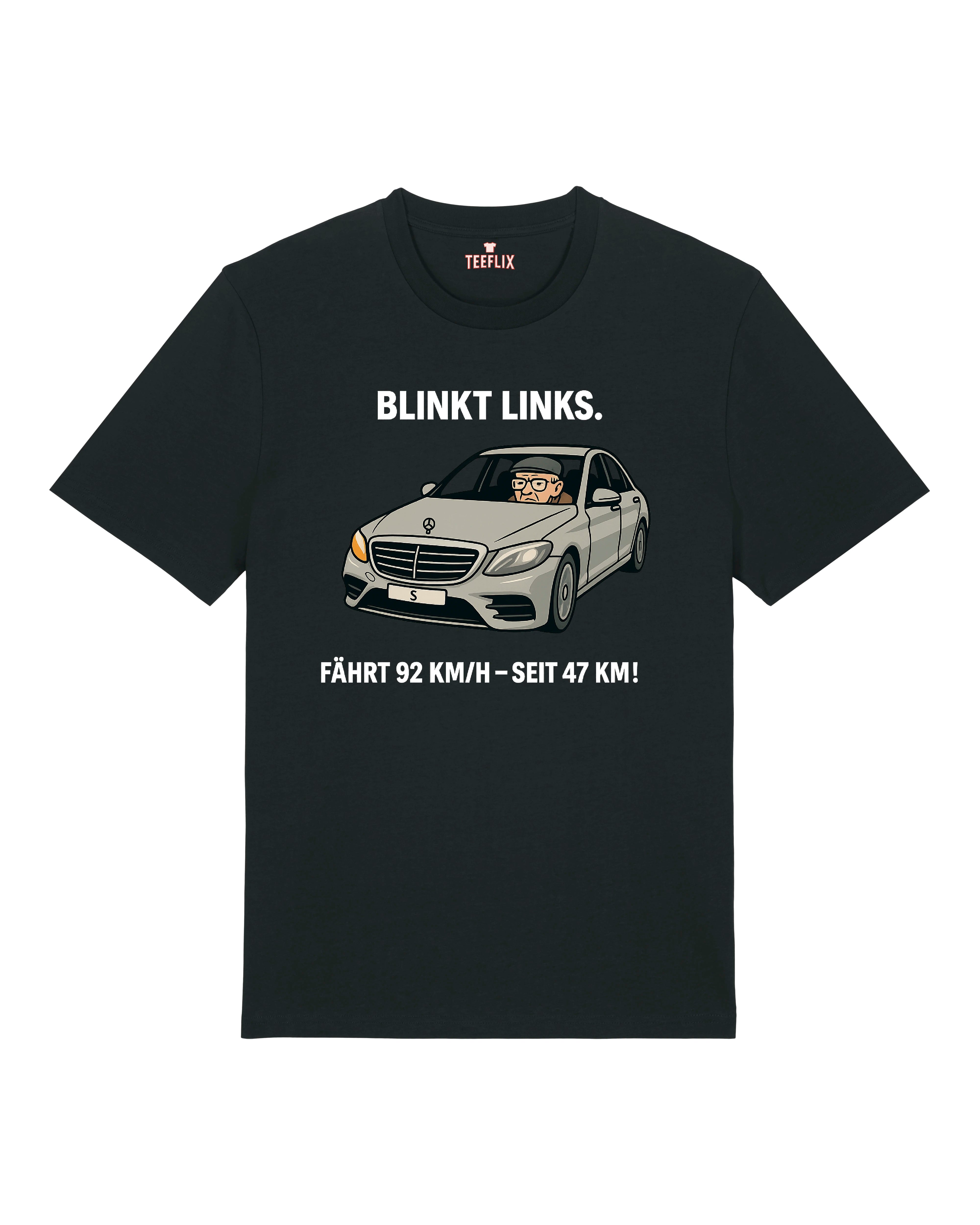 Schwarzes Funshirt mit Opa im Auto und Aufdruck „Fährt 92 km/h seit 47 km“