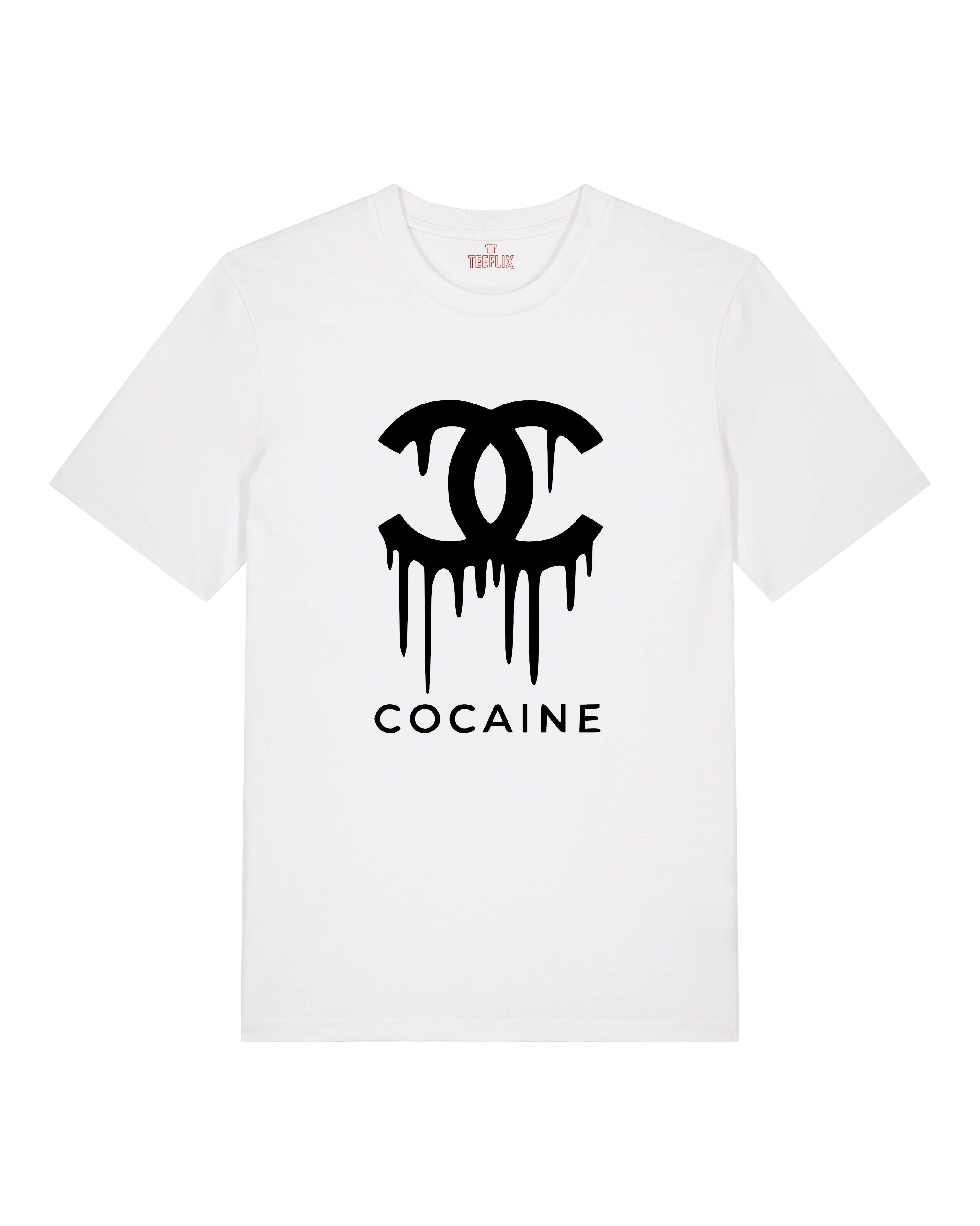 Weißes T-Shirt mit „Cocaine“-Parodie im Chanel-Look