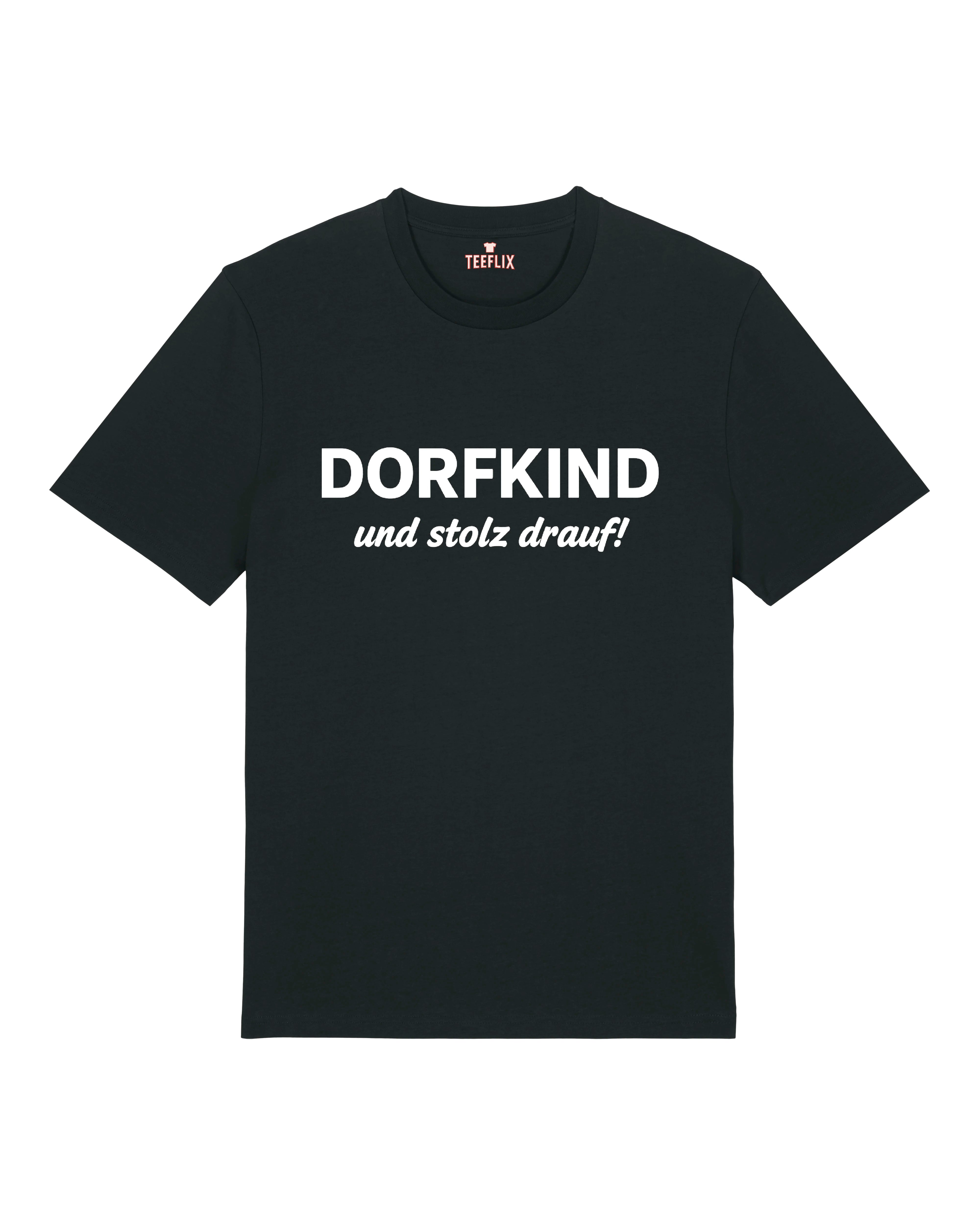 Schwarzes Funshirt mit Spruch „Dorfkind und stolz drauf!“ – schlicht & selbstbewusst