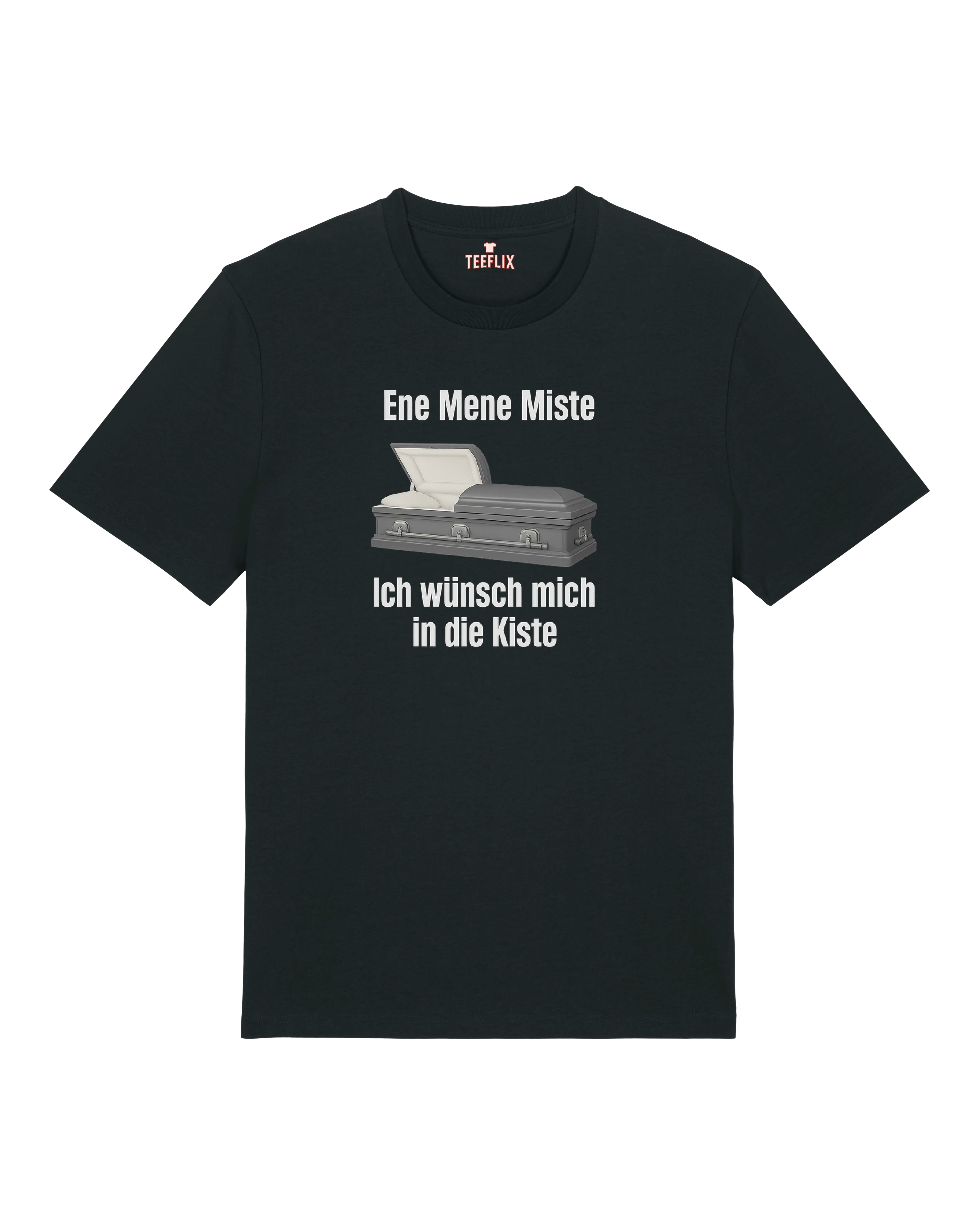Schwarzes Funshirt mit makabrem Spruch und Sarggrafik – schwarzer Humor zum Tragen