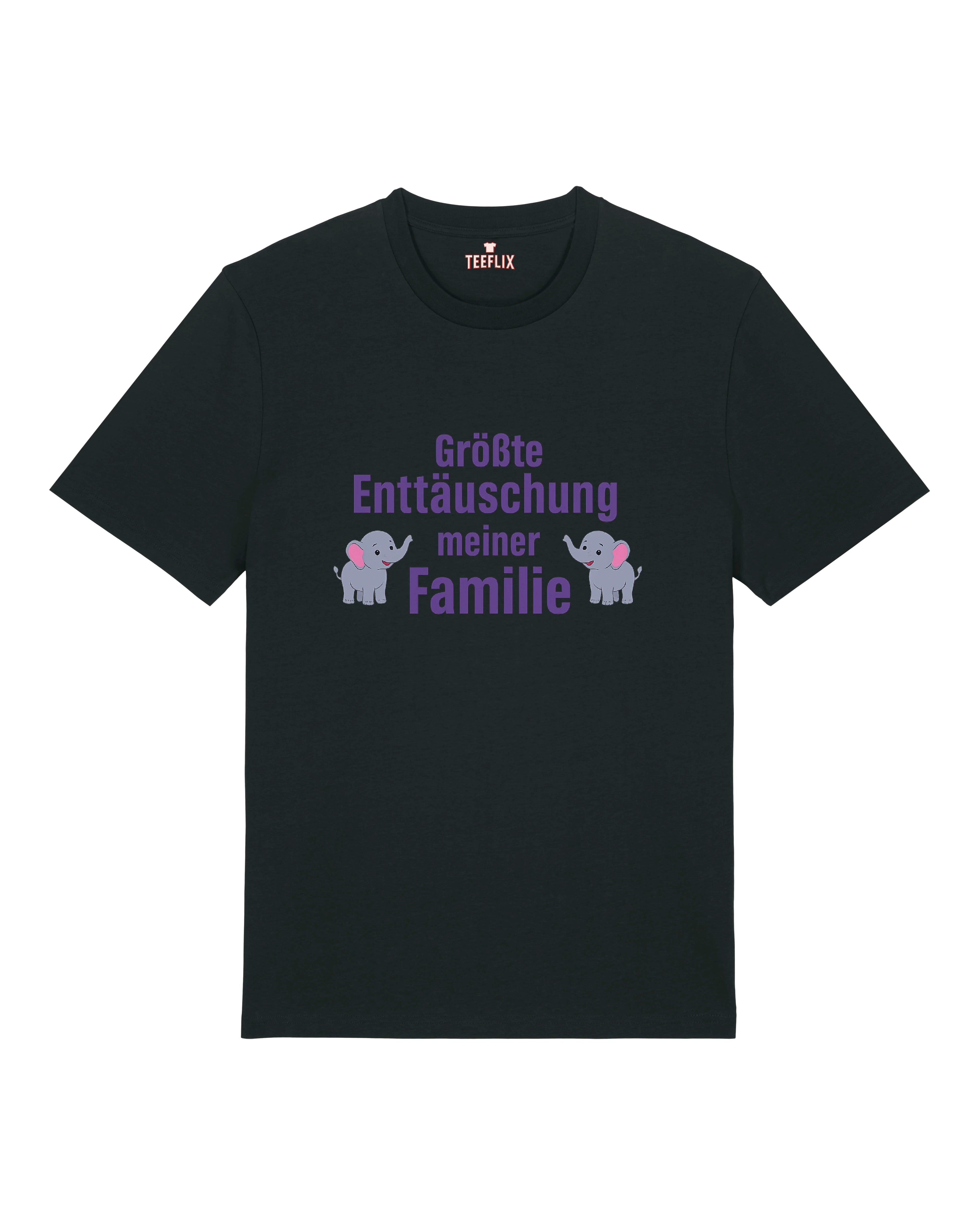 Schwarzes T-Shirt mit violettem Aufdruck „Größte Enttäuschung meiner Familie“ und Elefanten