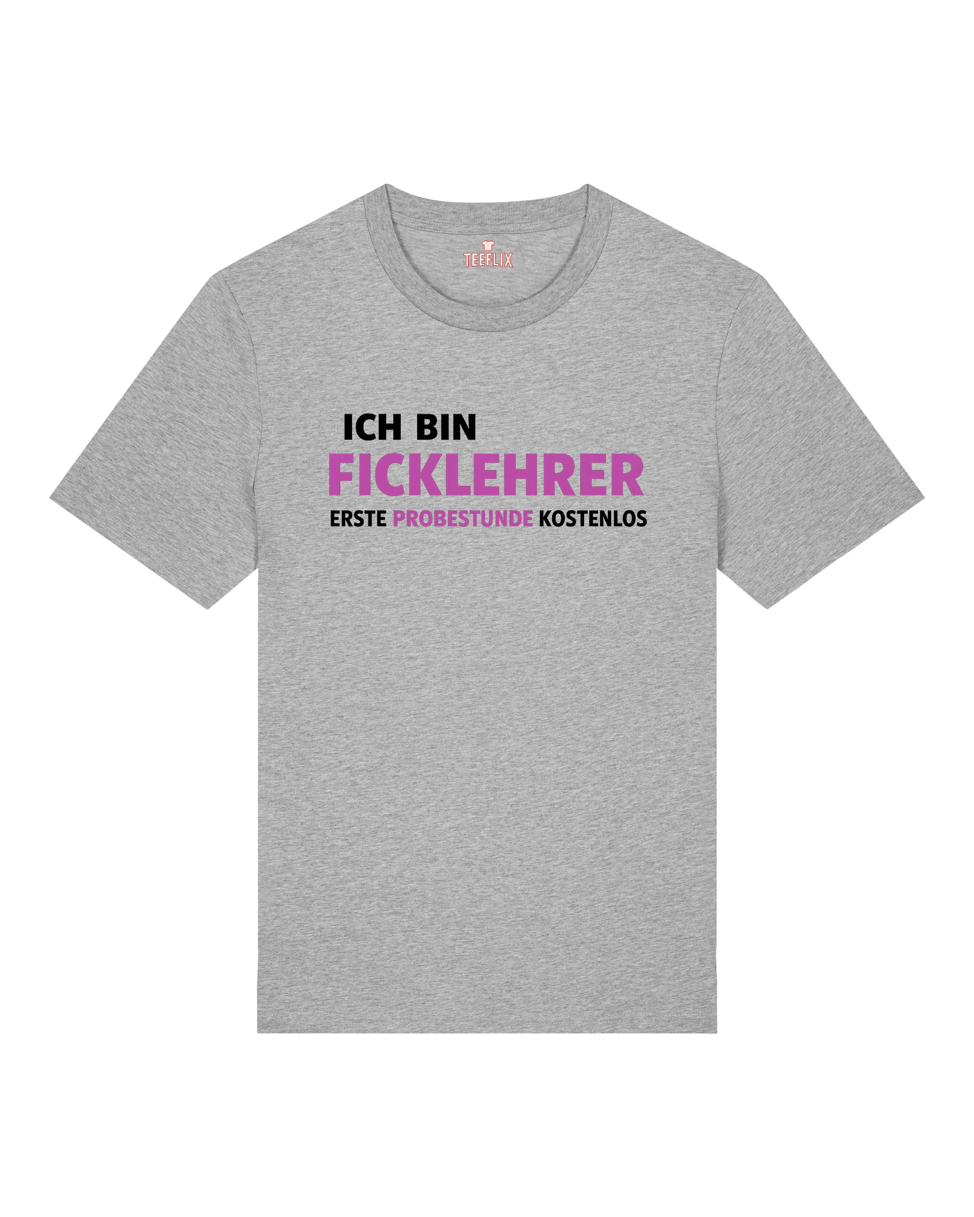 Graues Funshirt mit provozierendem Textmotiv „Ficklehrer“ in Lila und Schwarz