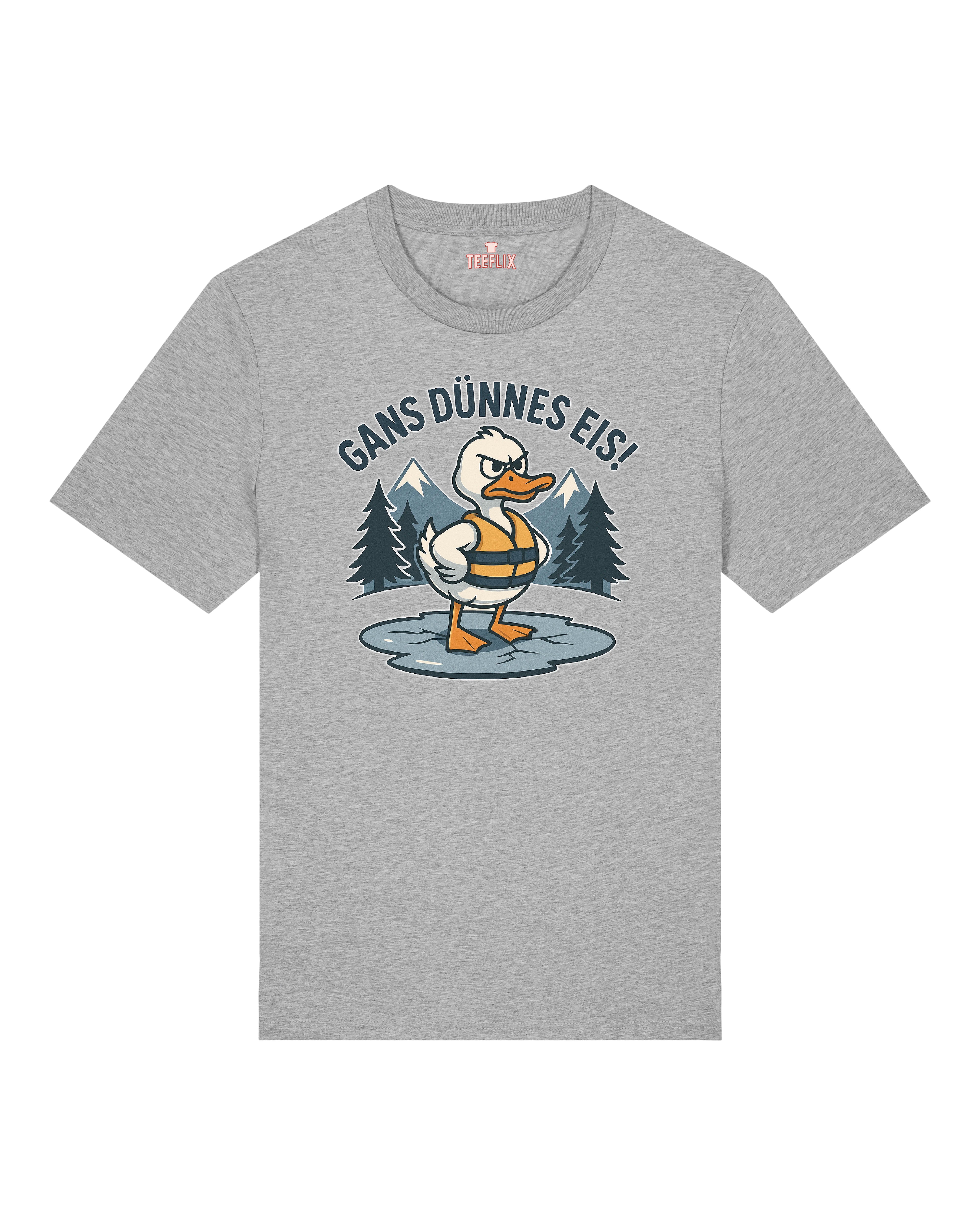 Graues T-Shirt mit lustigem Spruch „Gans dünnes Eis“ und Zeichentrick-Gans im Winterlook