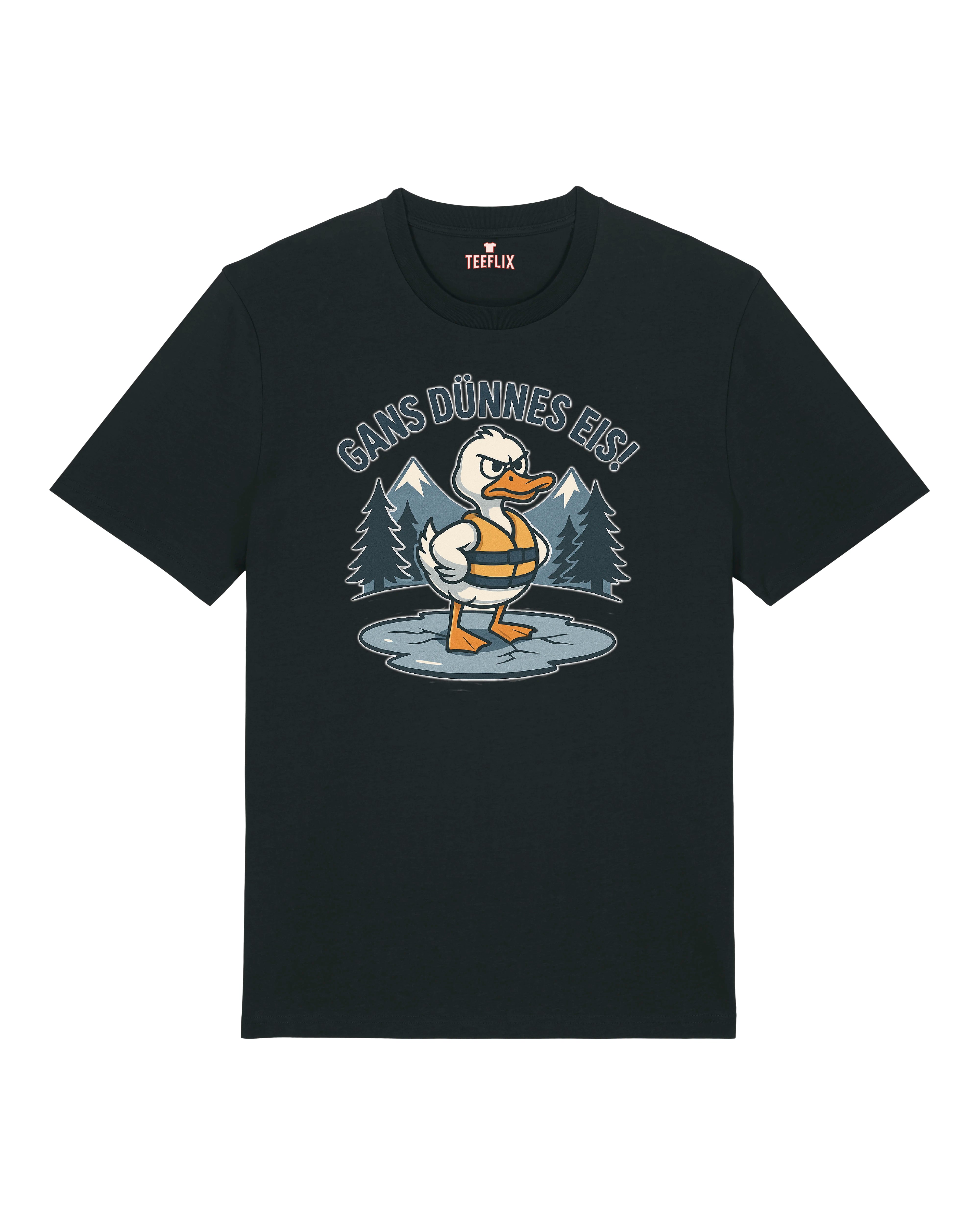 Schwarzes Funshirt mit Gans-Wortspiel und cooler Illustration auf Eisfläche