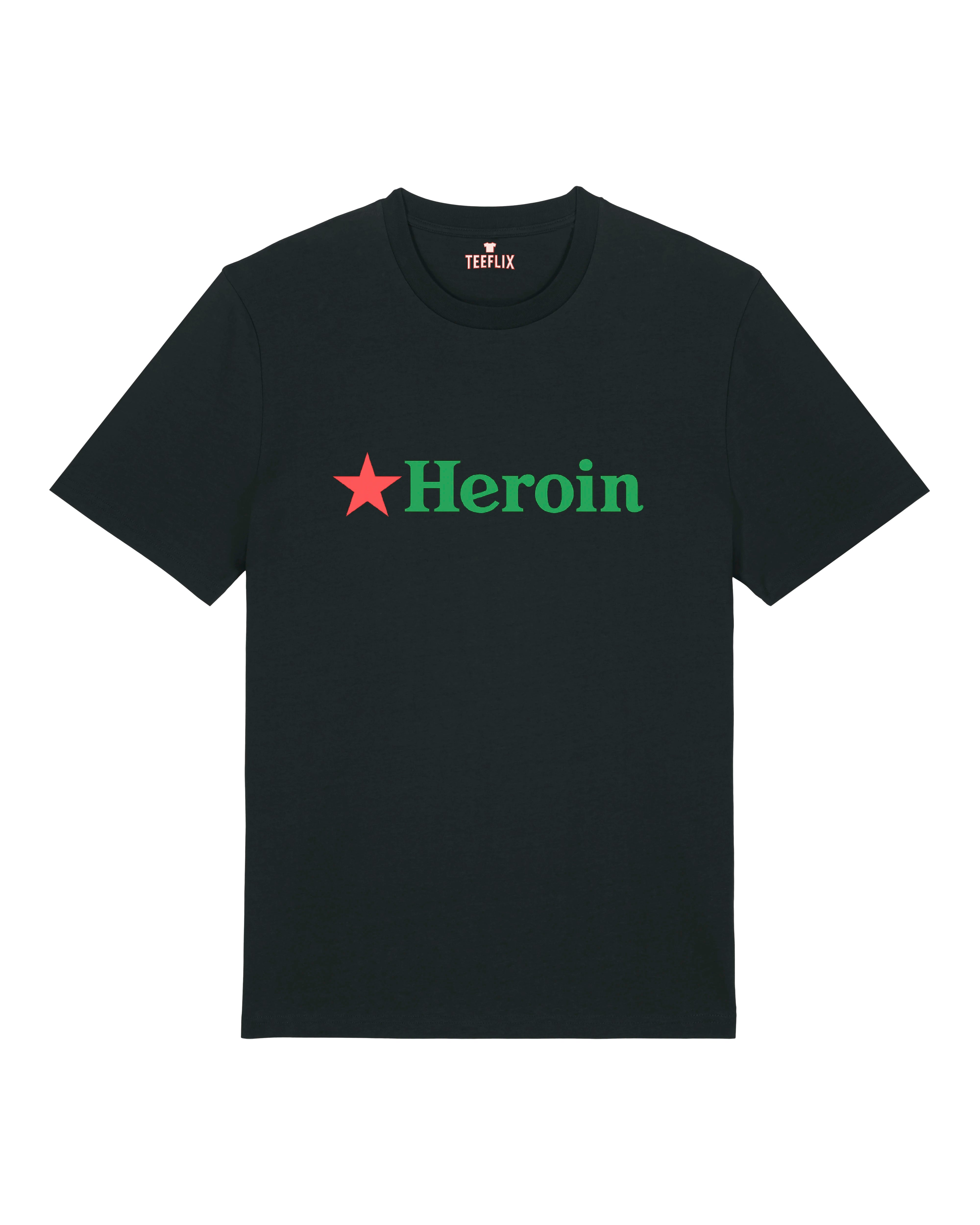 Schwarzes T-Shirt mit ironischem „Heroin“-Aufdruck im Biermarken-Stil