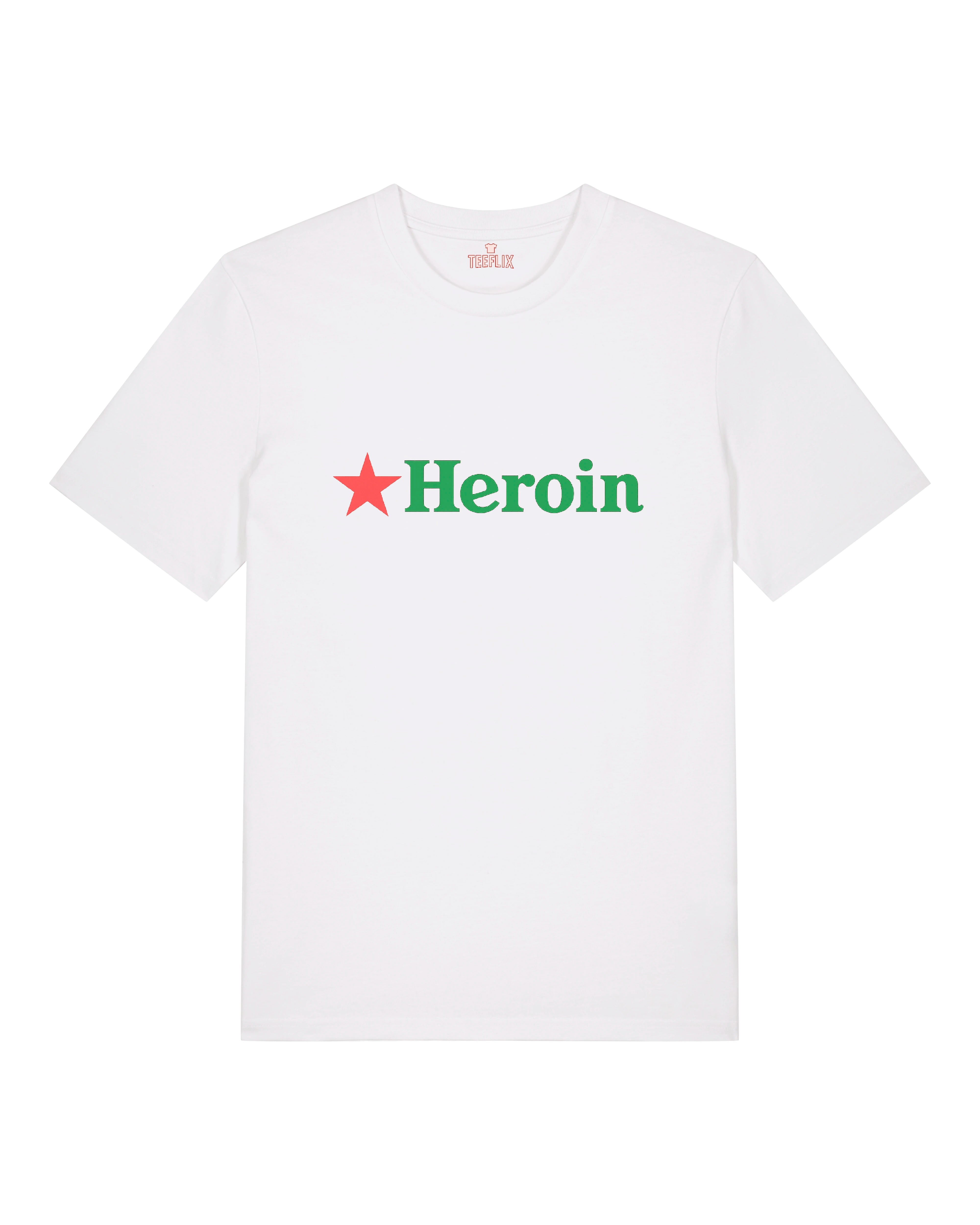 Weißes Parodie-T-Shirt mit grünem „Heroin“-Schriftzug und rotem Stern