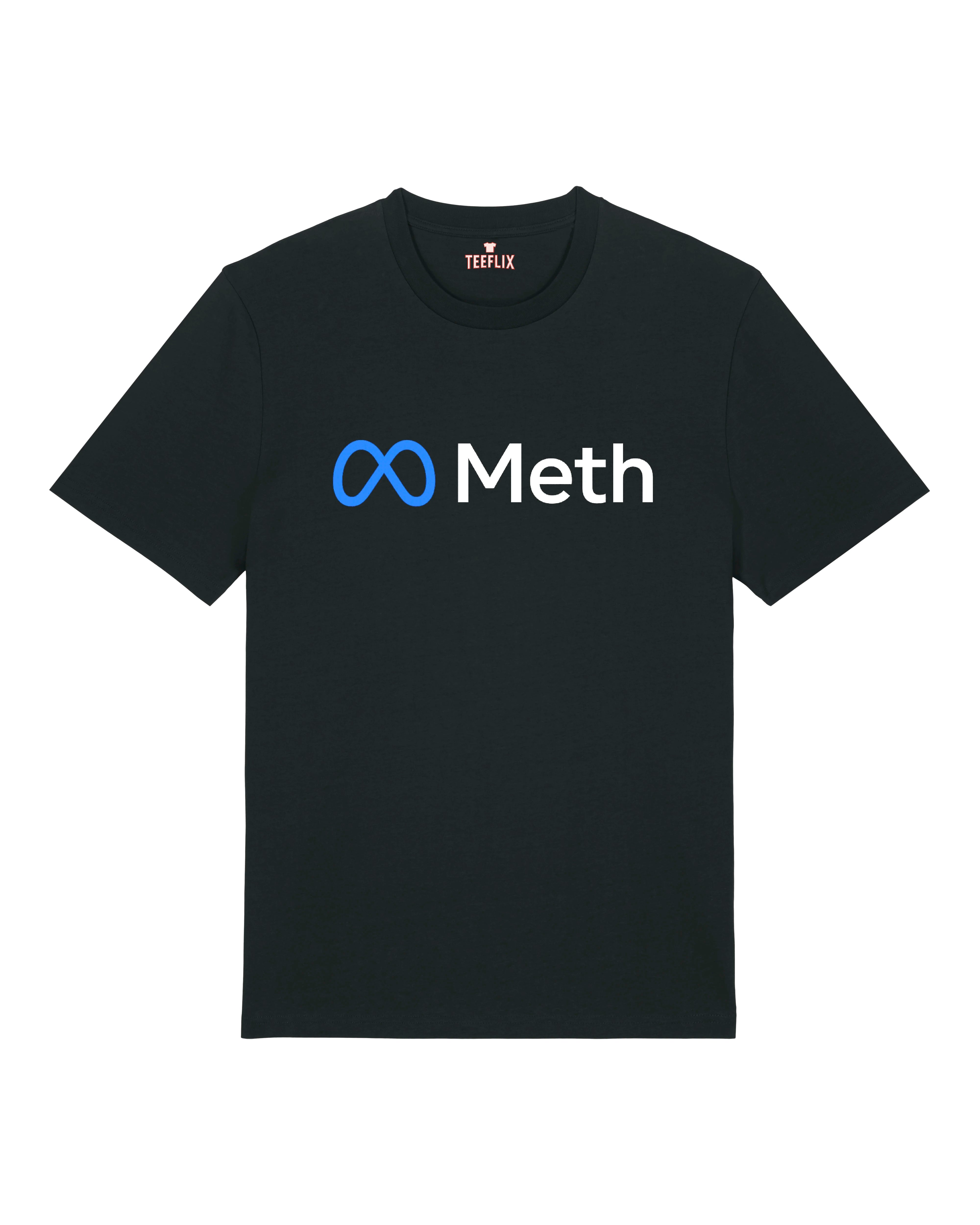 Schwarzes Funshirt mit satirischem „Meth“ Aufdruck im Tech-Design