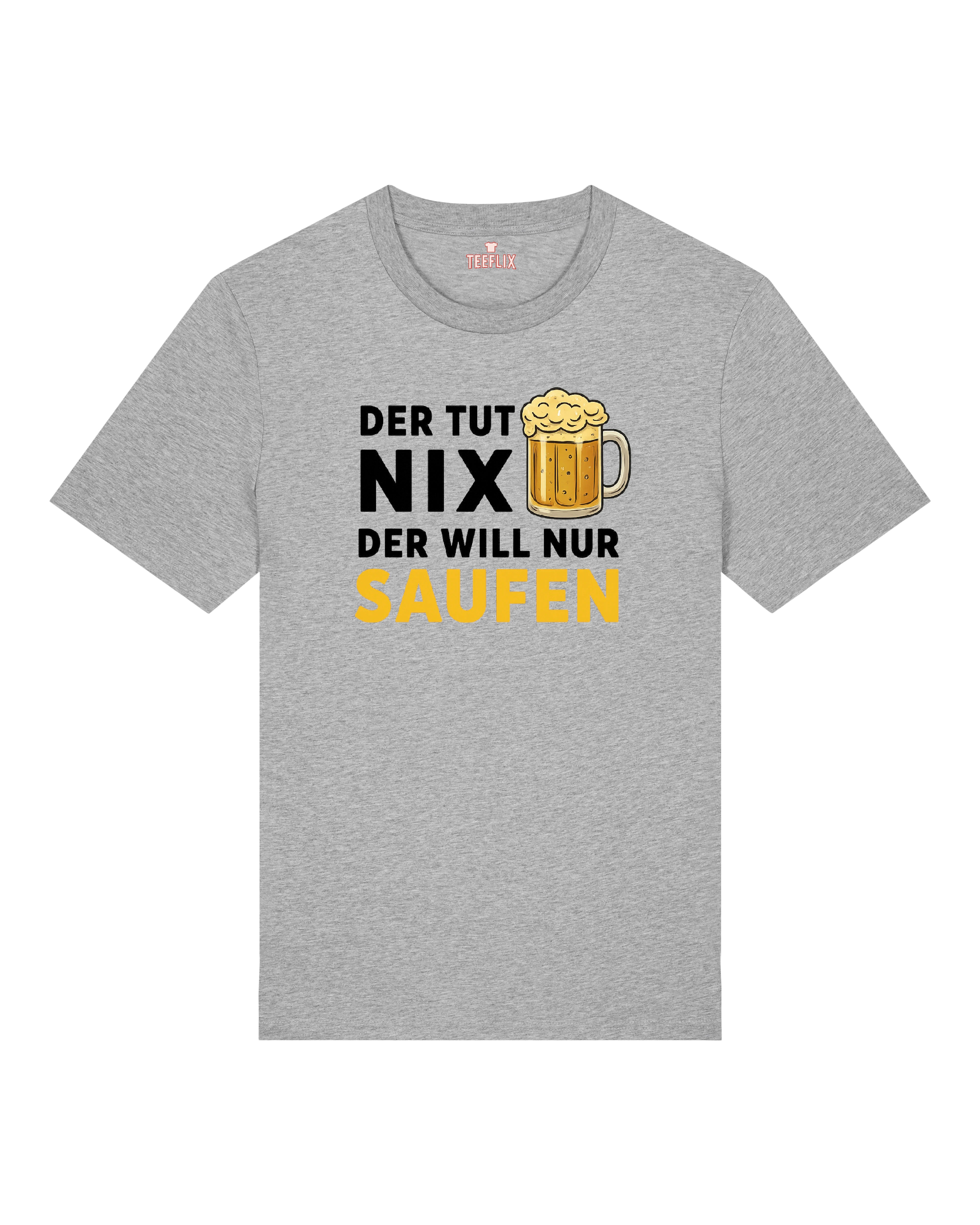 Graues Unisex-Shirt mit gelbem Schriftzug „Saufen“ & Bierglas-Print