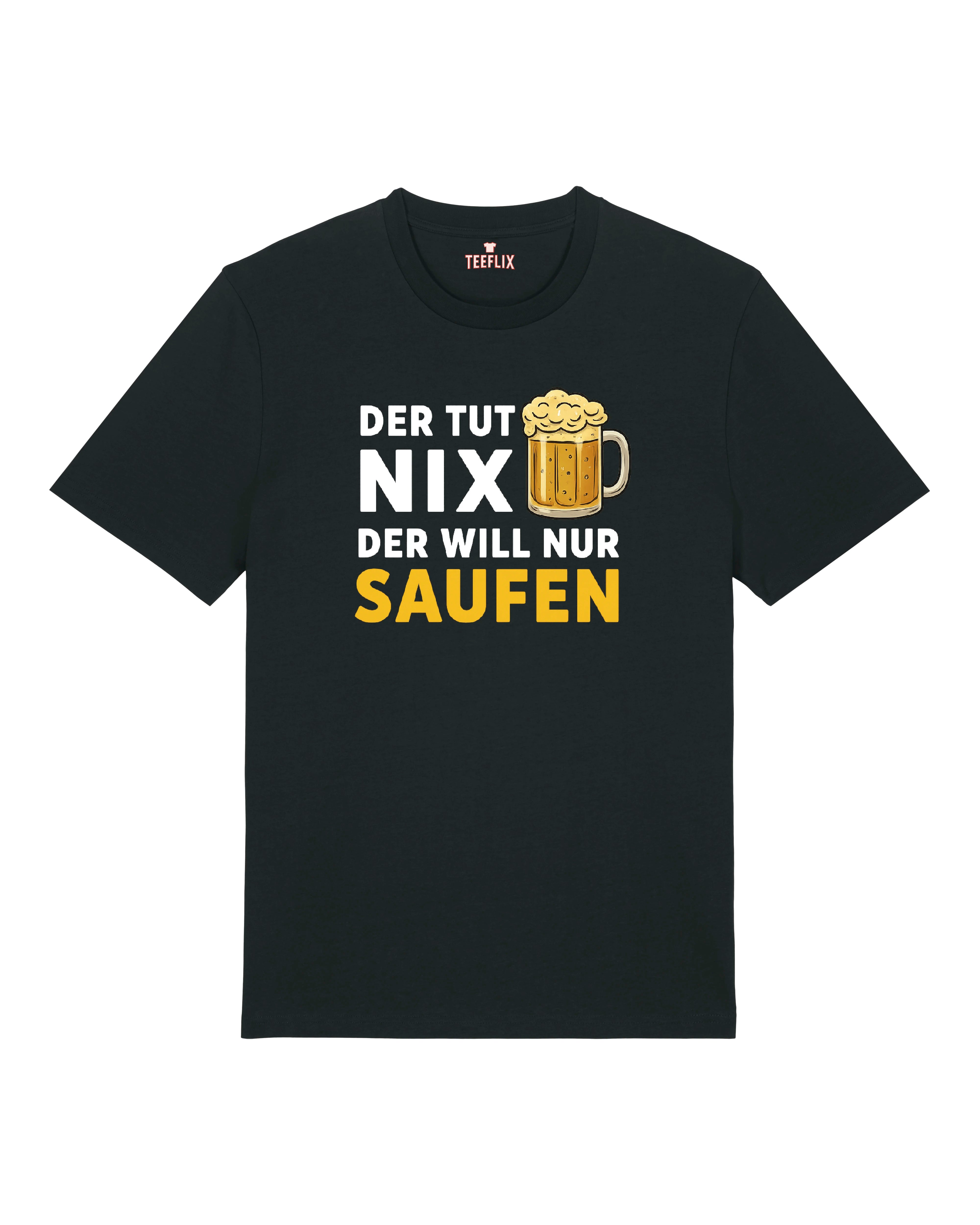 Schwarzes T-Shirt mit Spruch „Der tut nix – der will nur saufen“ & Bierkrug