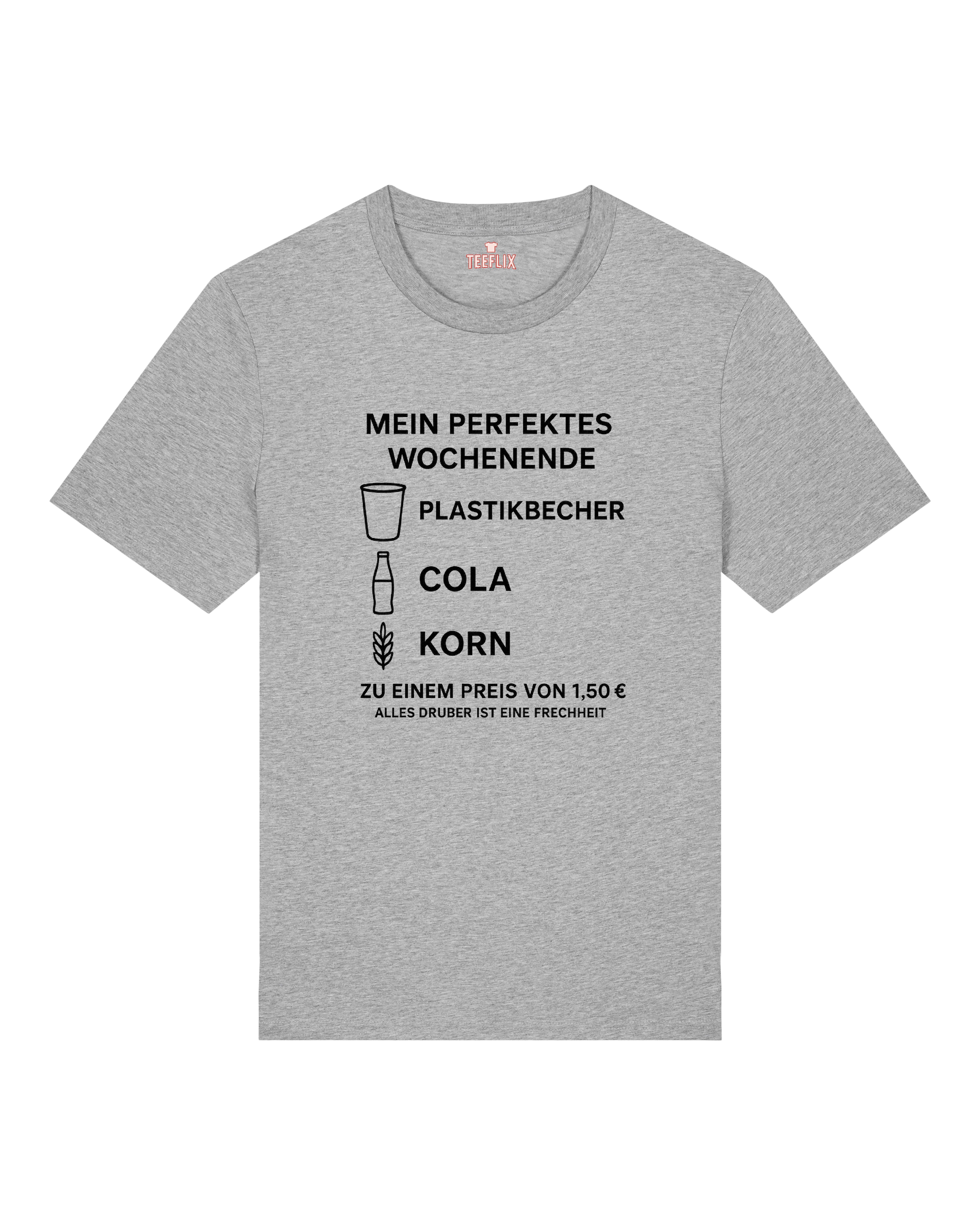 Graues Funshirt mit Party-Symbolen und witzigem Wochenende-Text