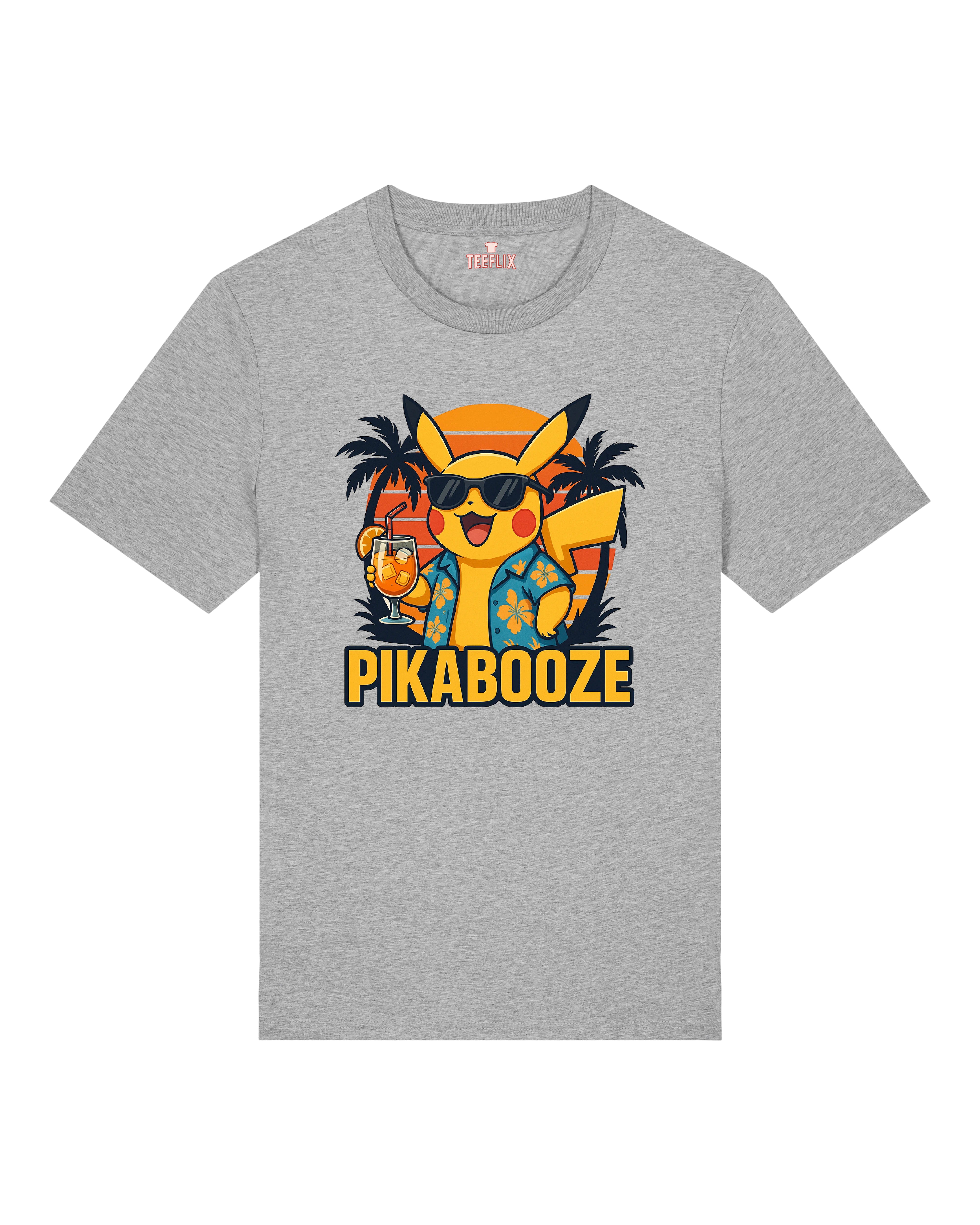 Graues T-Shirt mit tropischem Cartoon-Motiv, Pikachu-inspiriertem Stil & Cocktail