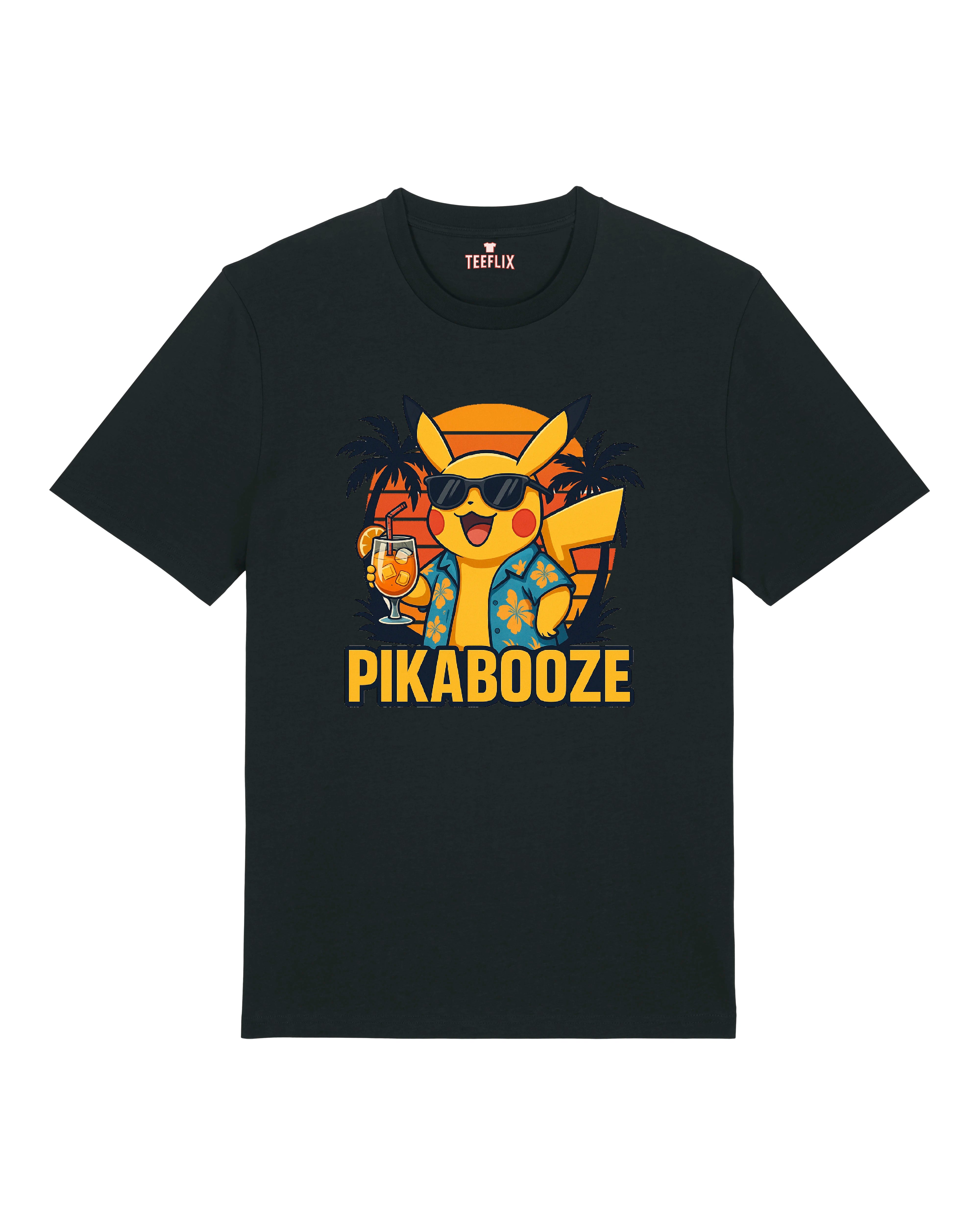 Schwarzes Funshirt mit Sonnenuntergang, Comic-Figur & Schriftzug „Pikabooze“