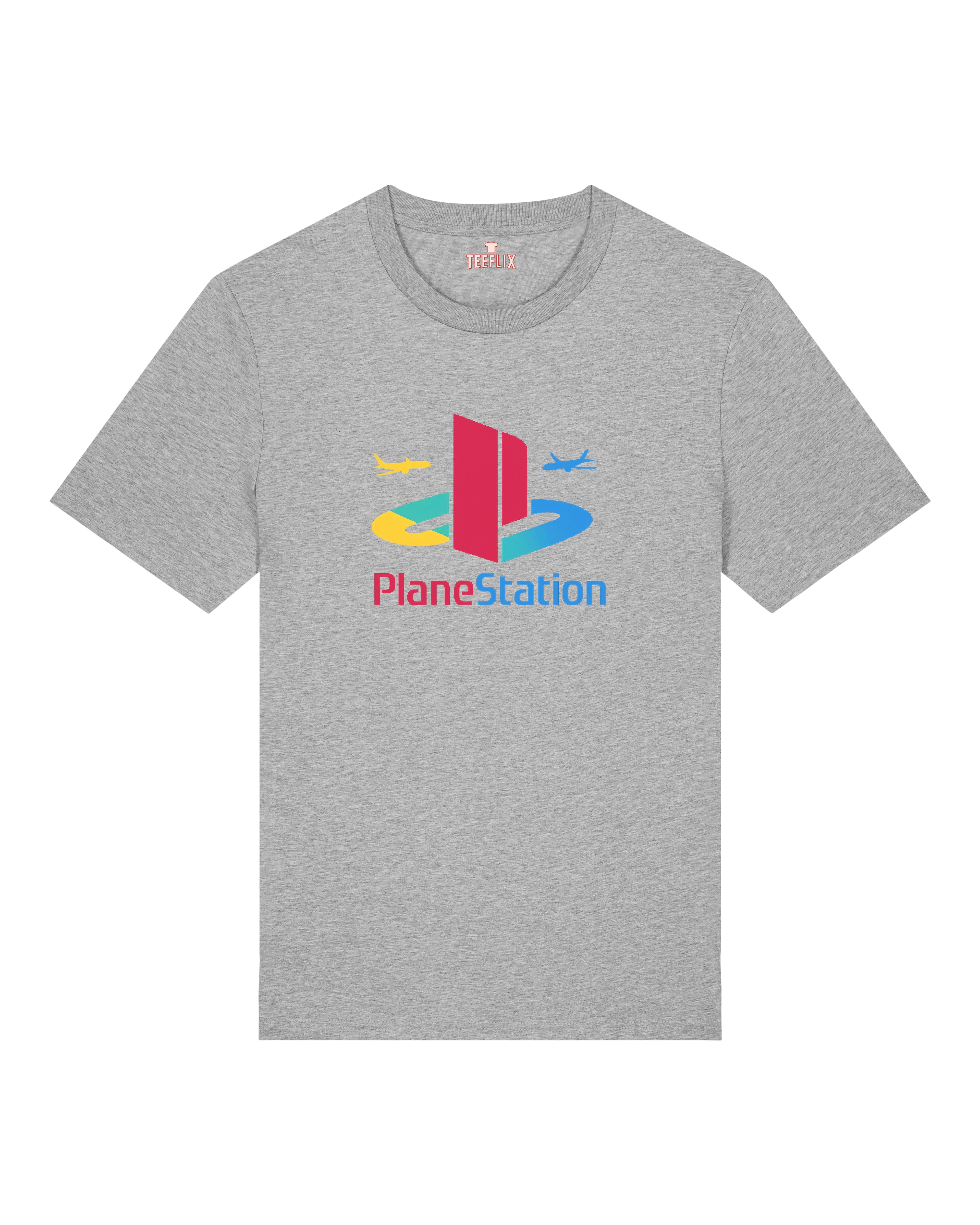 Graues Funshirt mit PlaneStation-Aufdruck und Retro-Flair
