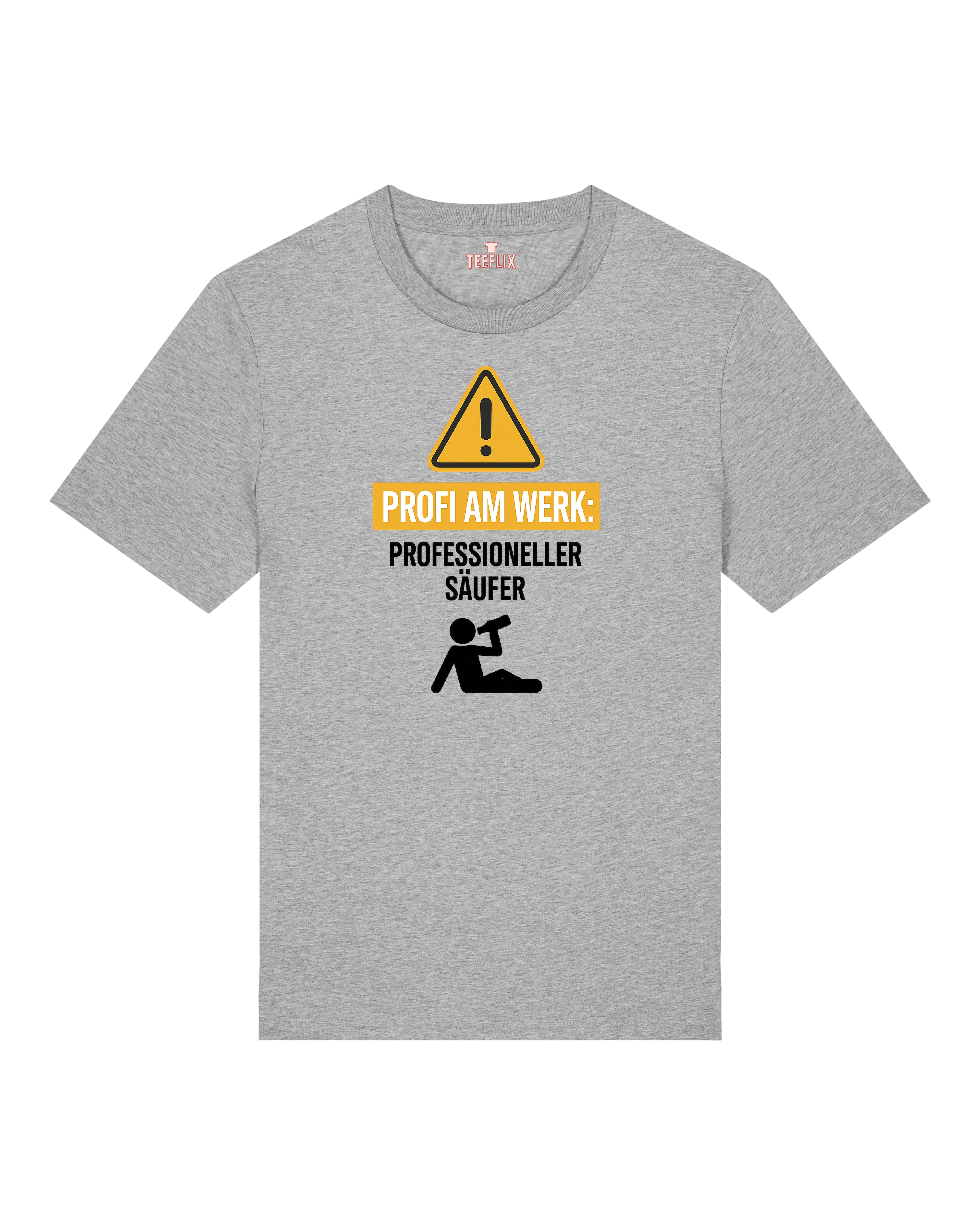 Graues Shirt mit witzigem Warnsymbol und der Ansage „Profi-Säufer am Werk“
