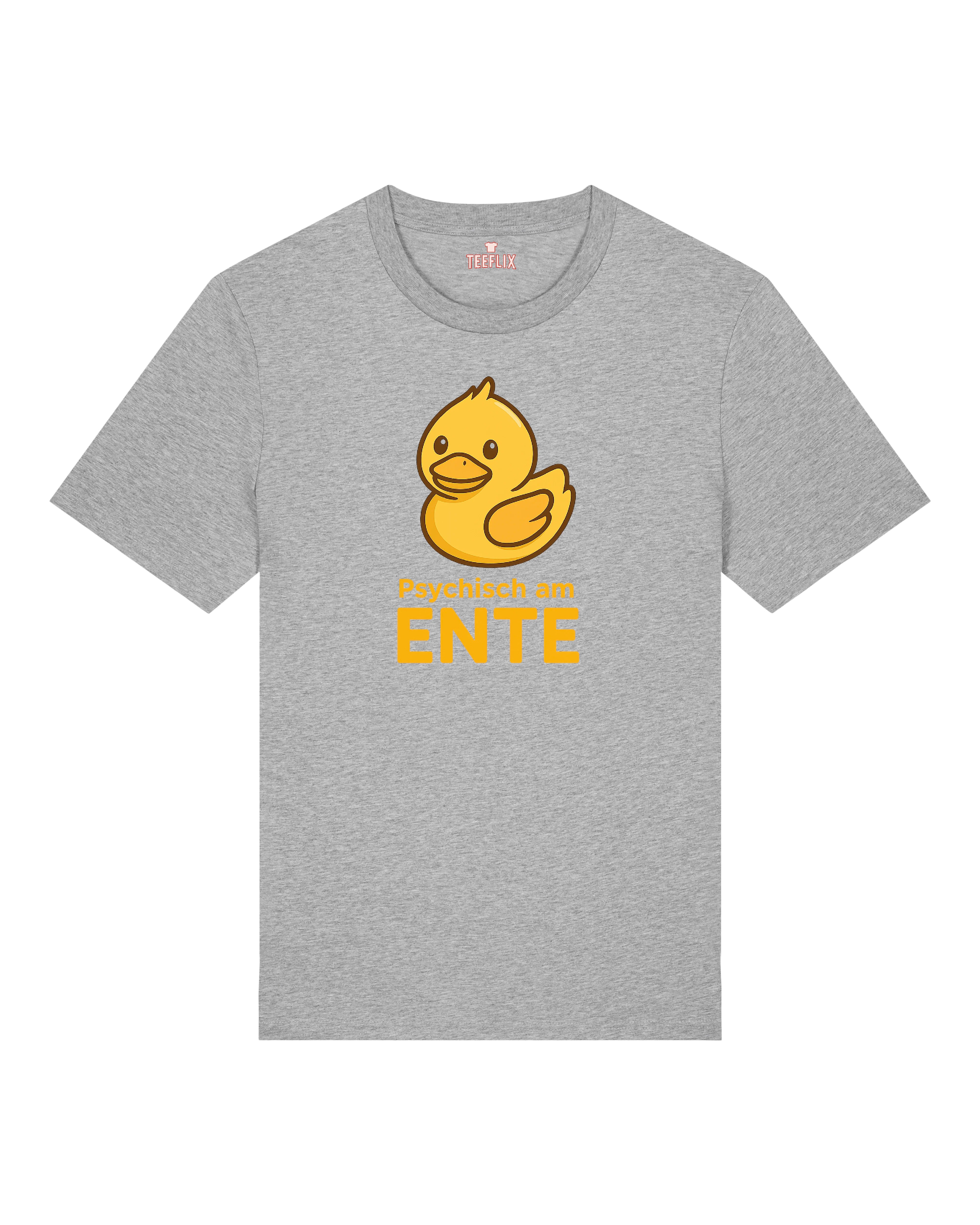 Alt-Text: Graues Shirt mit Quietscheenten-Motiv und ironischem Spruch „Psychisch am ENTE“